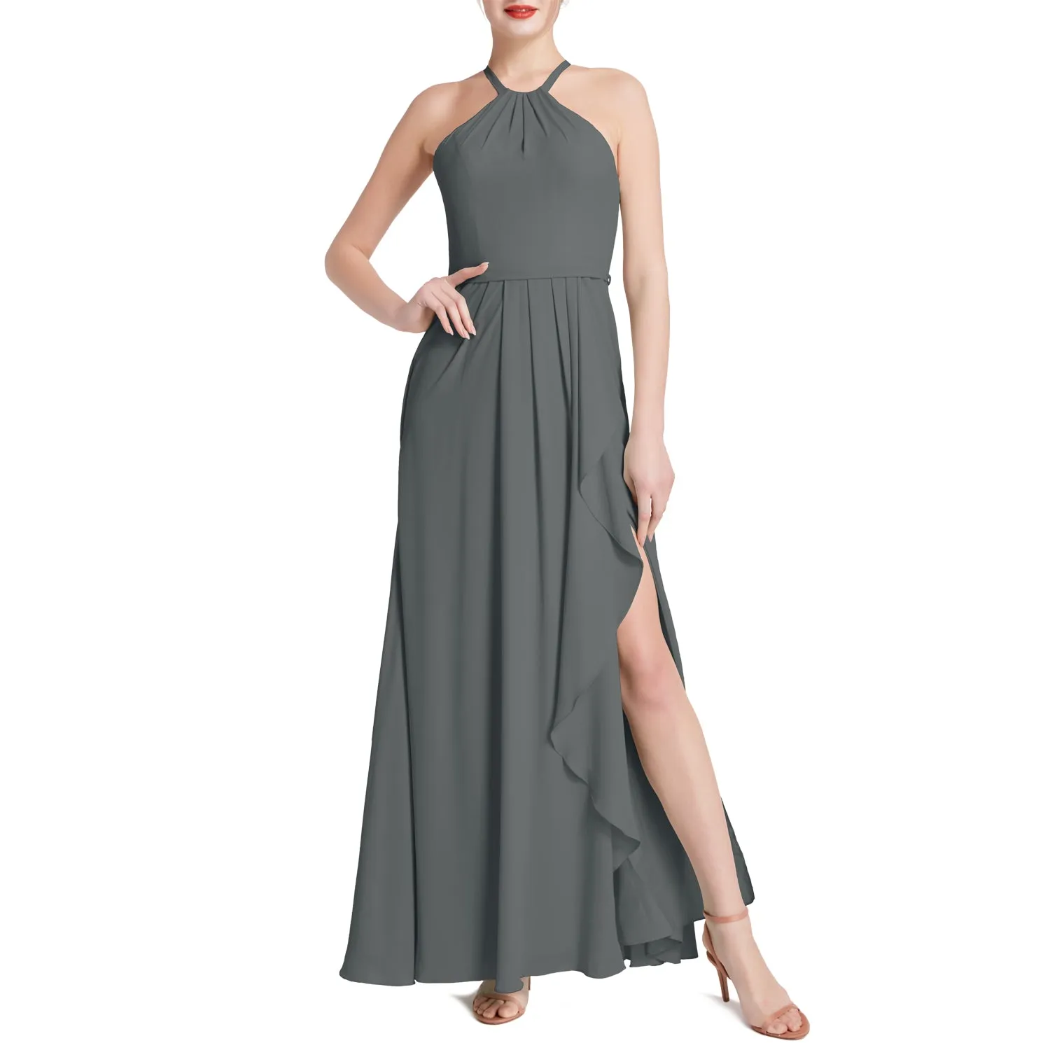 MACloth Women Halter Long Maxi Wedding Party Bridesmaid Dresses with Drape Slit