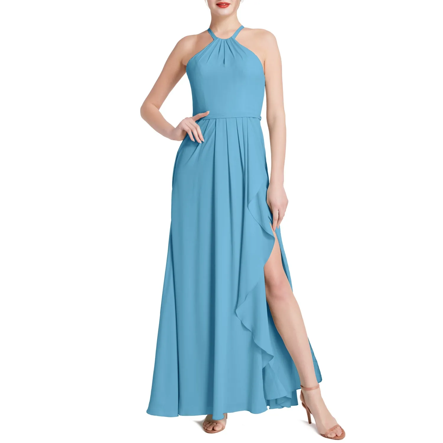 MACloth Women Halter Long Maxi Wedding Party Bridesmaid Dresses with Drape Slit
