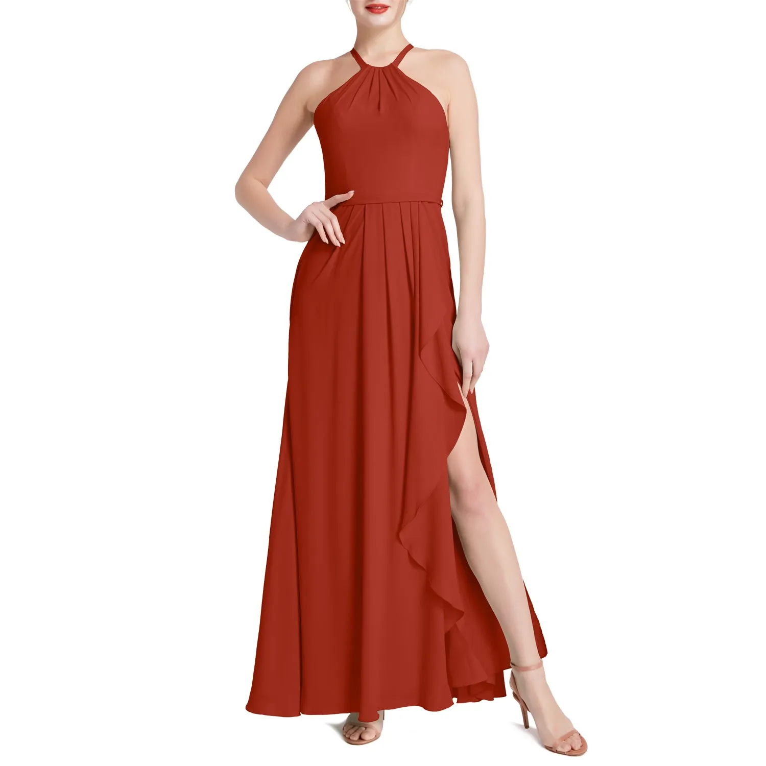MACloth Women Halter Long Maxi Wedding Party Bridesmaid Dresses with Drape Slit
