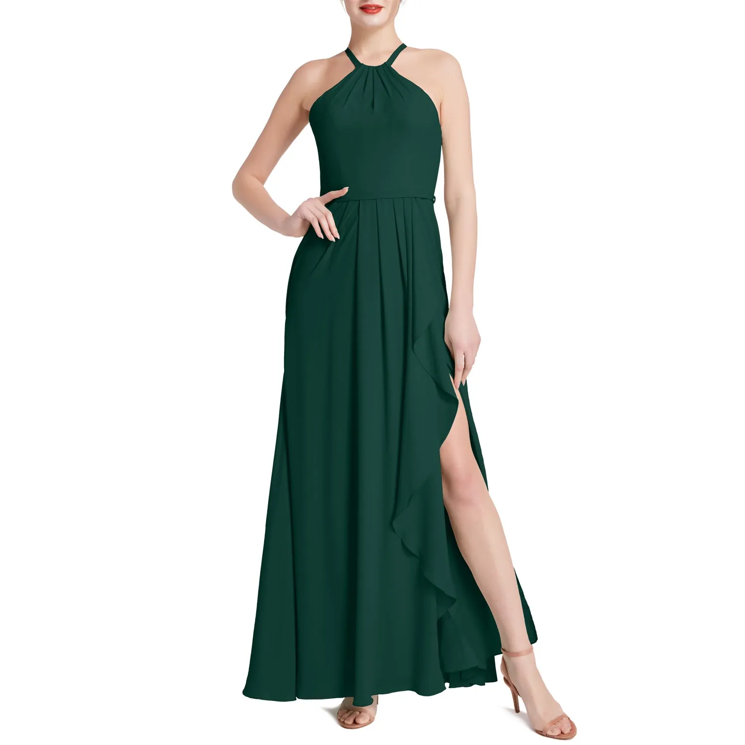 MACloth Women Halter Long Maxi Wedding Party Bridesmaid Dresses with Drape Slit