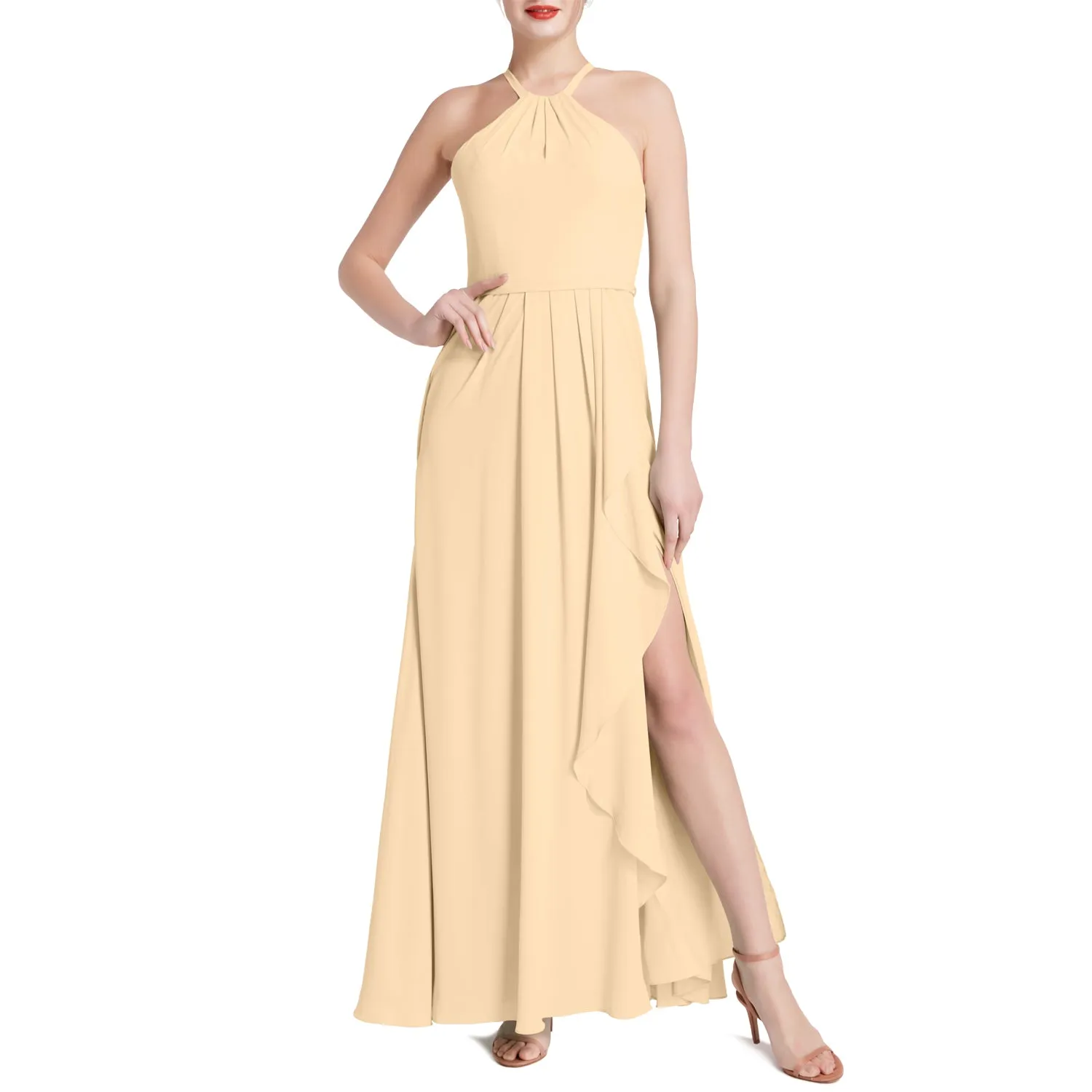 MACloth Women Halter Long Maxi Wedding Party Bridesmaid Dresses with Drape Slit