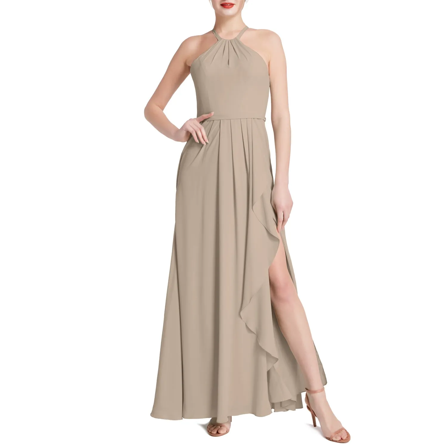 MACloth Women Halter Long Maxi Wedding Party Bridesmaid Dresses with Drape Slit