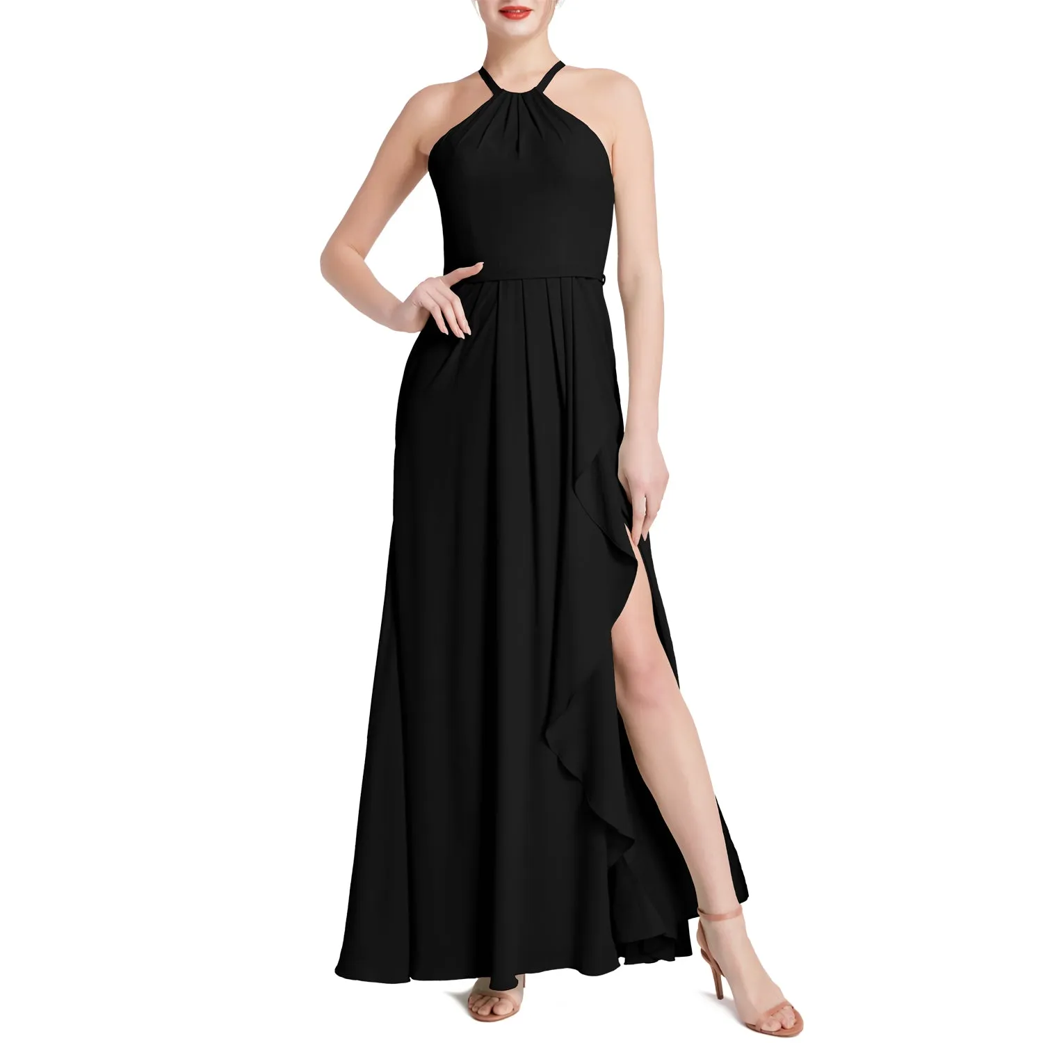 MACloth Women Halter Long Maxi Wedding Party Bridesmaid Dresses with Drape Slit