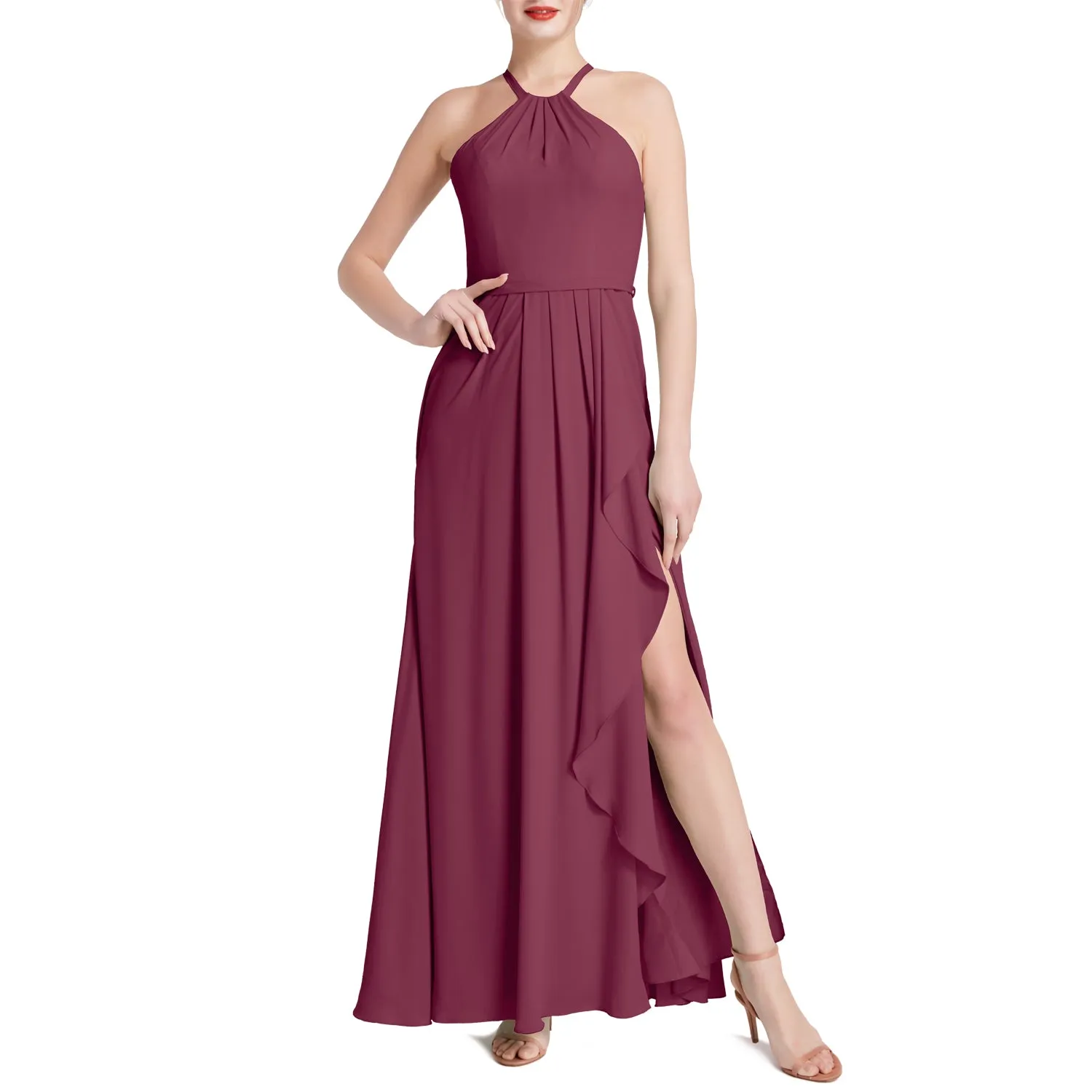 MACloth Women Halter Long Maxi Wedding Party Bridesmaid Dresses with Drape Slit