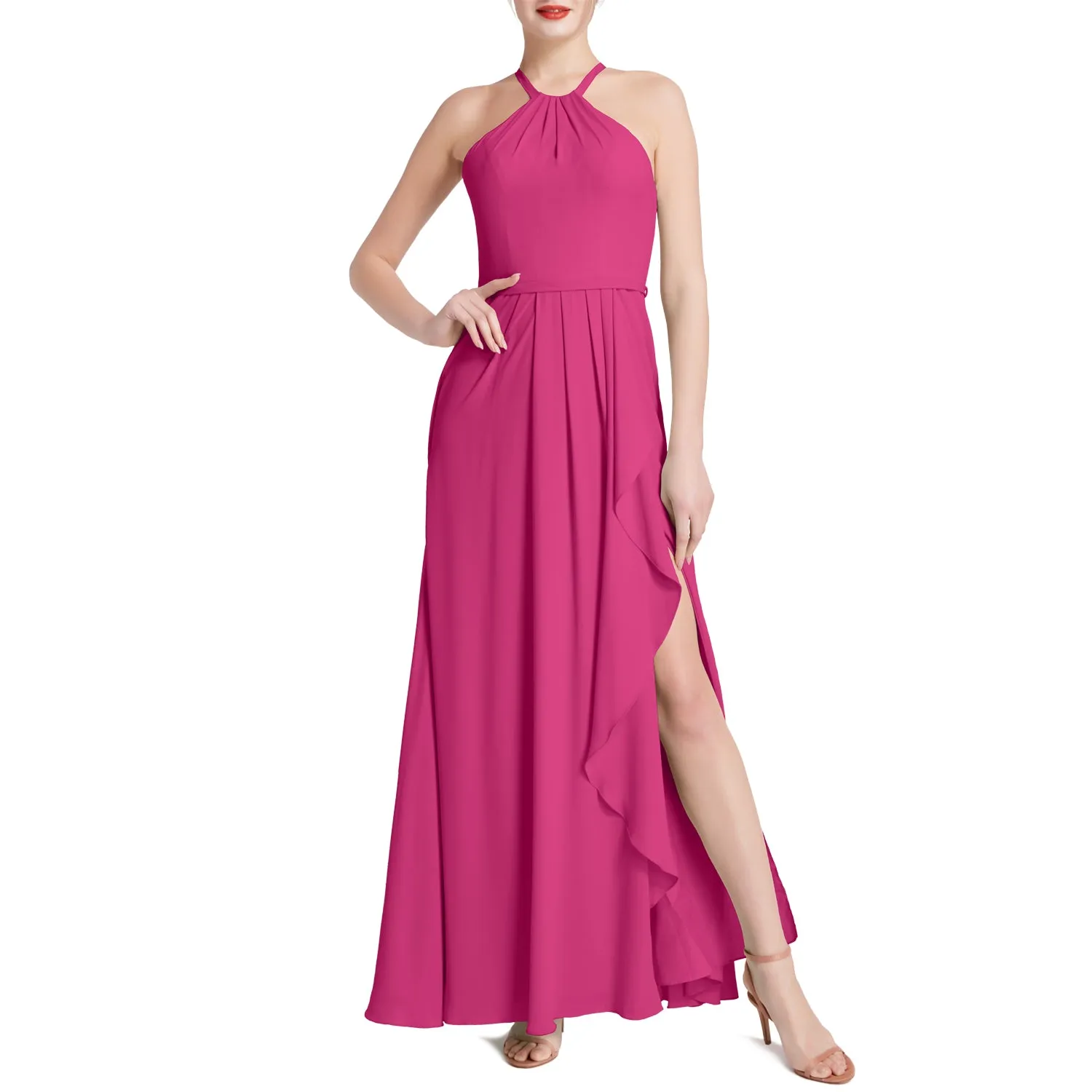 MACloth Women Halter Long Maxi Wedding Party Bridesmaid Dresses with Drape Slit