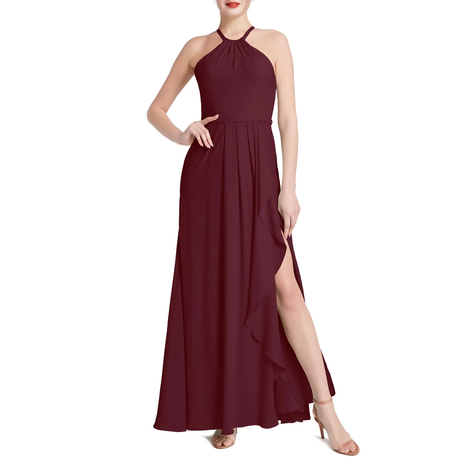MACloth Women Halter Long Maxi Wedding Party Bridesmaid Dresses with Drape Slit