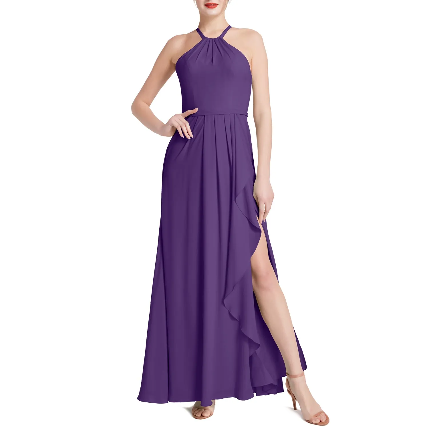 MACloth Women Halter Long Maxi Wedding Party Bridesmaid Dresses with Drape Slit