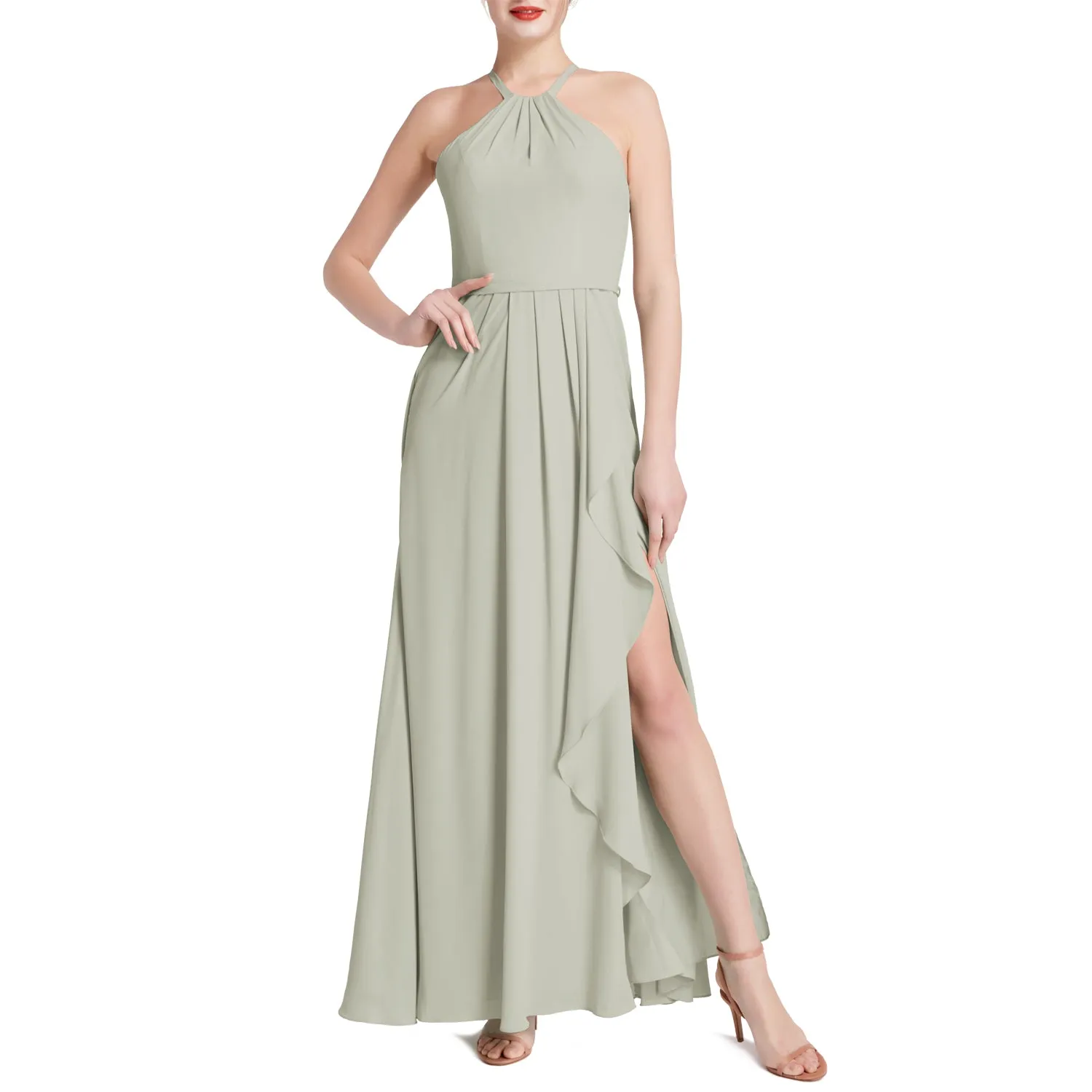 MACloth Women Halter Long Maxi Wedding Party Bridesmaid Dresses with Drape Slit