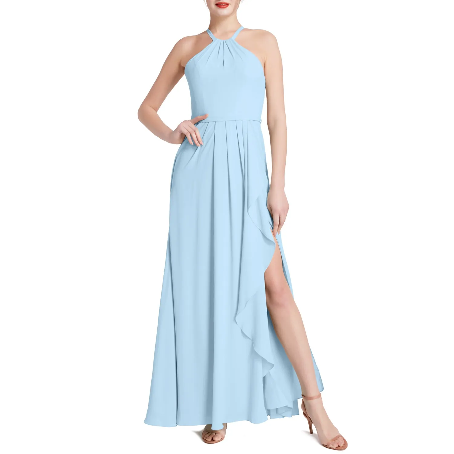 MACloth Women Halter Long Maxi Wedding Party Bridesmaid Dresses with Drape Slit
