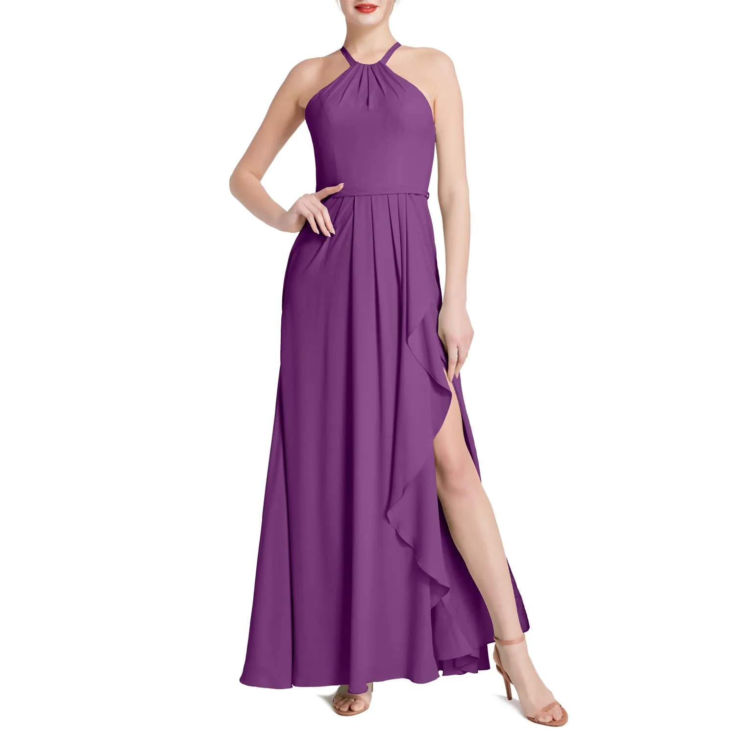 MACloth Women Halter Long Maxi Wedding Party Bridesmaid Dresses with Drape Slit