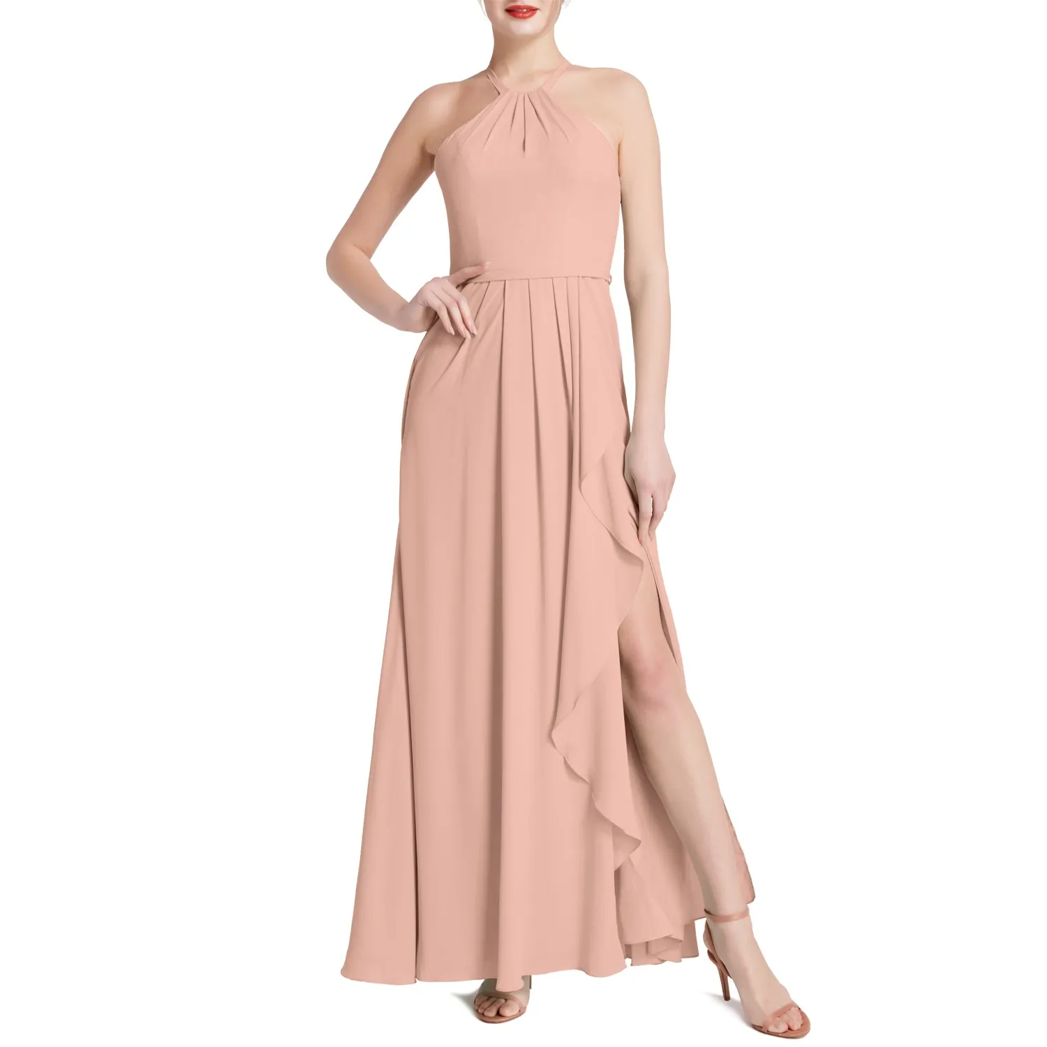 MACloth Women Halter Long Maxi Wedding Party Bridesmaid Dresses with Drape Slit