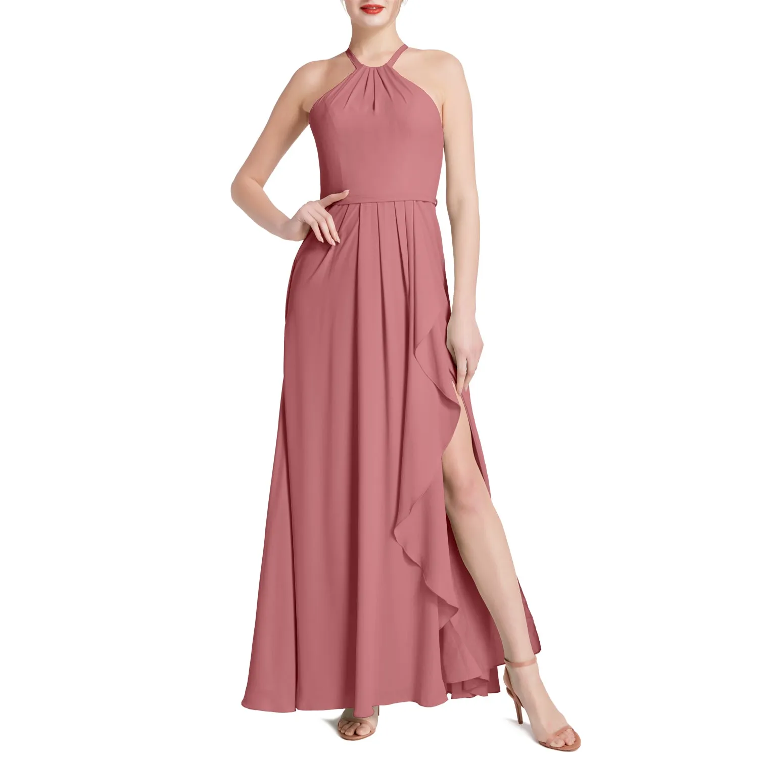 MACloth Women Halter Long Maxi Wedding Party Bridesmaid Dresses with Drape Slit