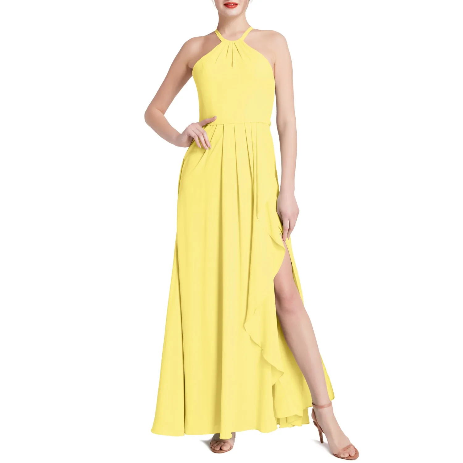 MACloth Women Halter Long Maxi Wedding Party Bridesmaid Dresses with Drape Slit