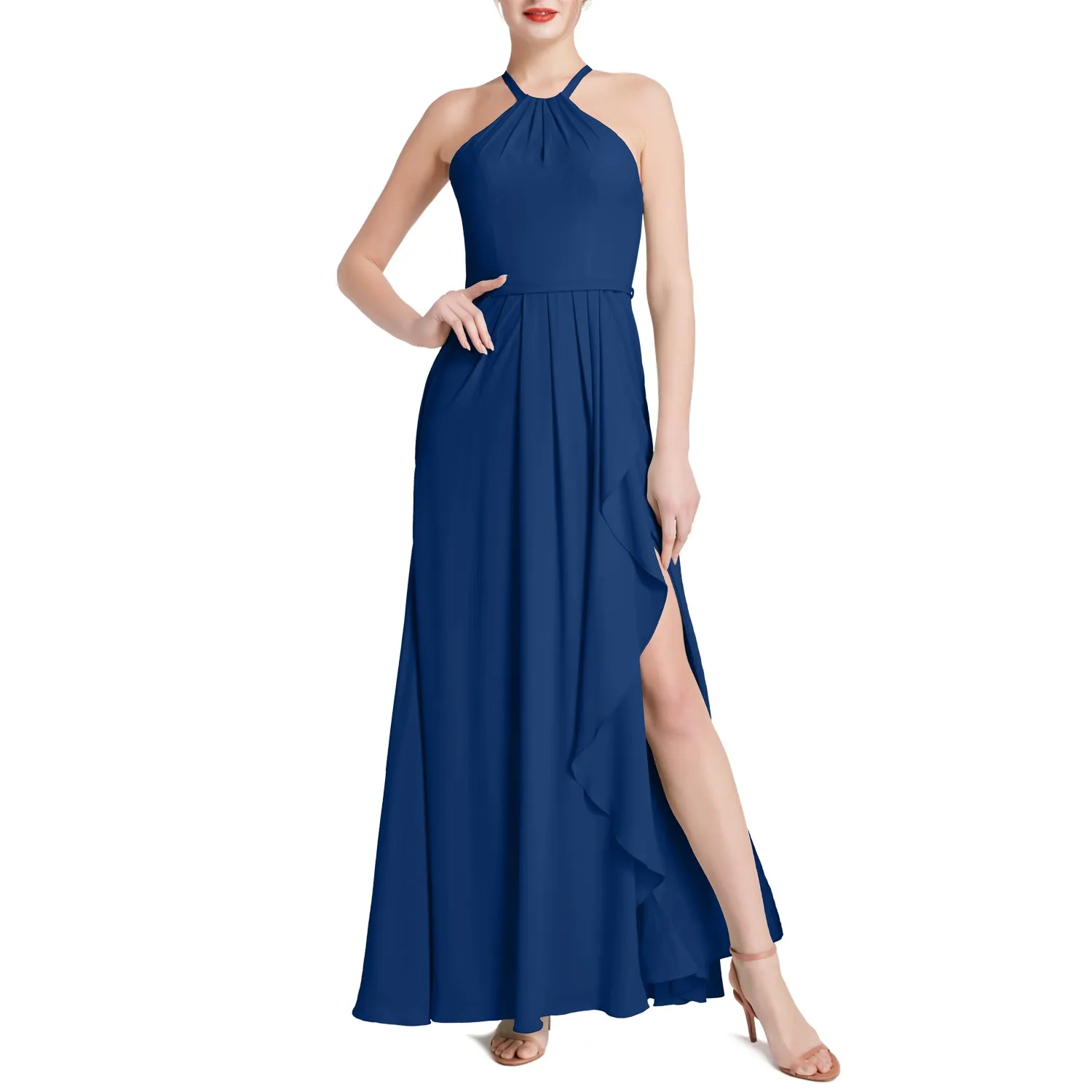MACloth Women Halter Long Maxi Wedding Party Bridesmaid Dresses with Drape Slit