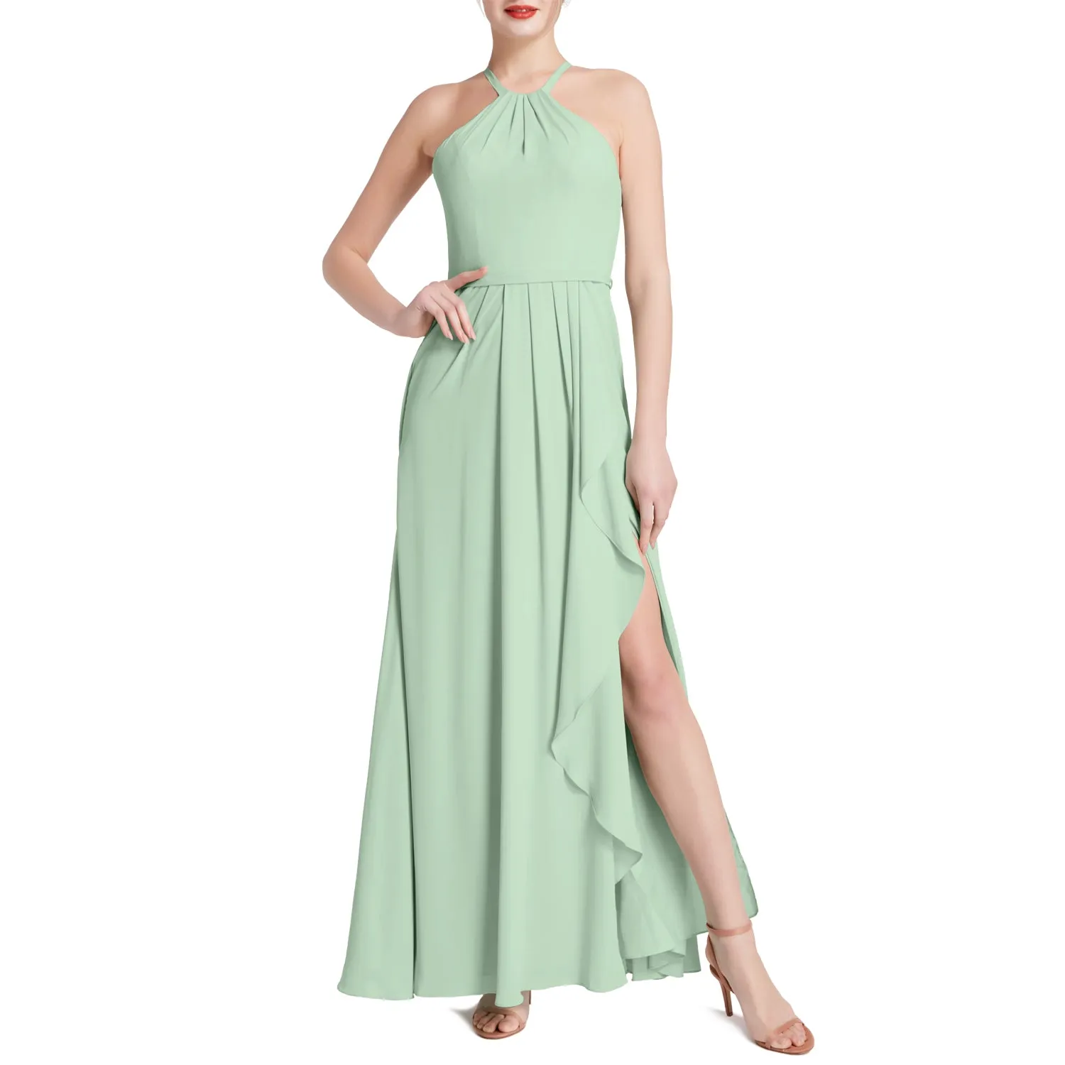 MACloth Women Halter Long Maxi Wedding Party Bridesmaid Dresses with Drape Slit