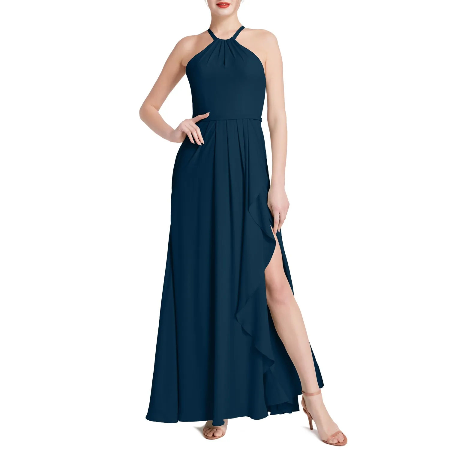 MACloth Women Halter Long Maxi Wedding Party Bridesmaid Dresses with Drape Slit