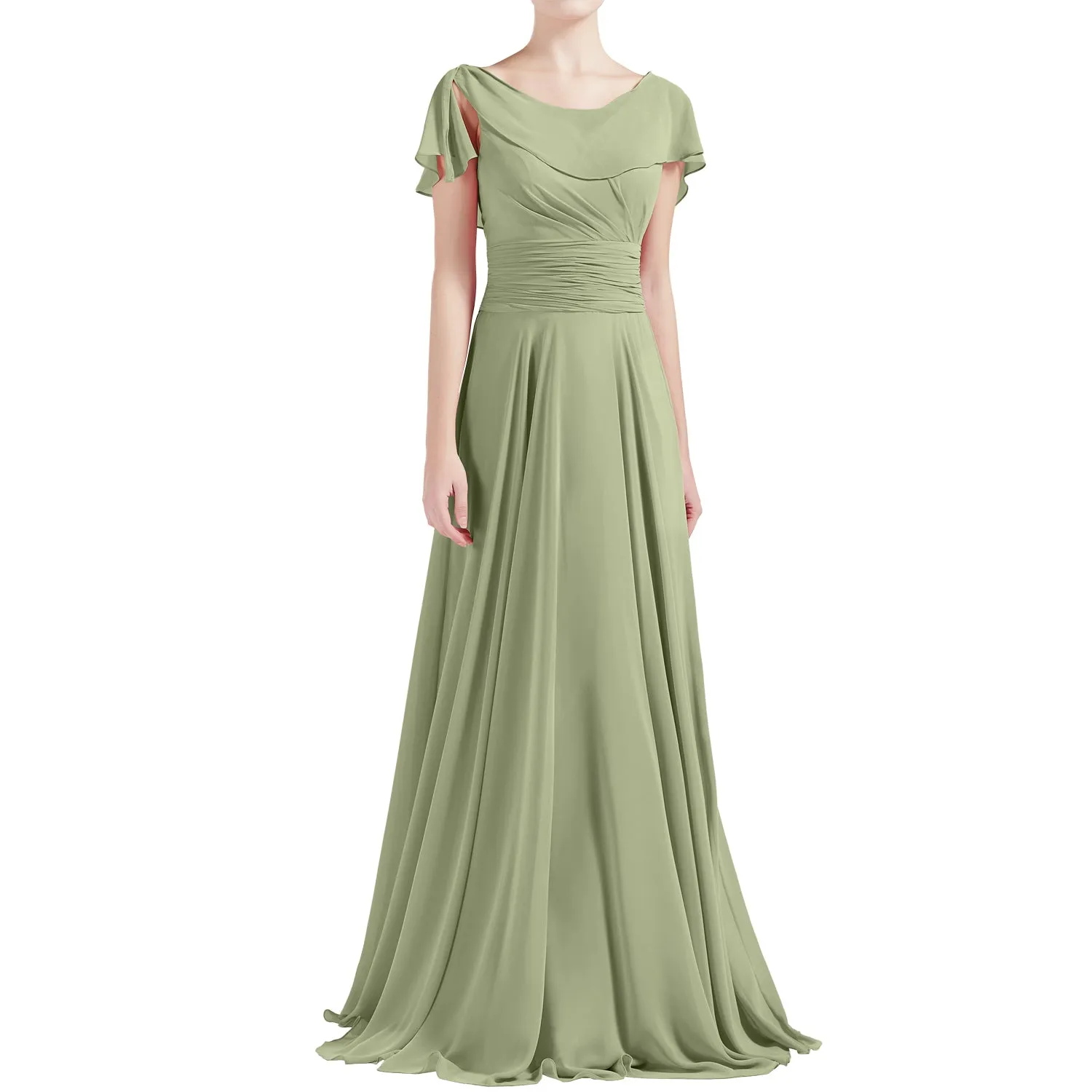 MACloth Women O Neck Ruffle Short Sleeves A Line Maxi Wedding Bridesmaid Dresses
