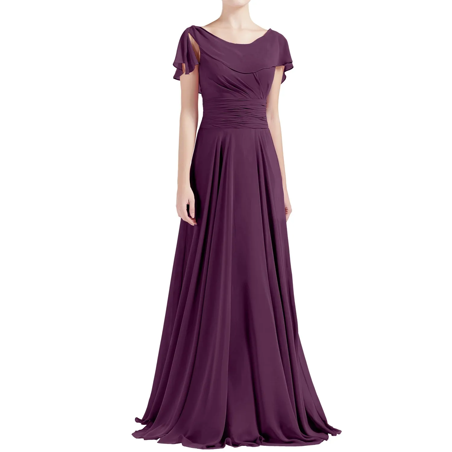 MACloth Women O Neck Ruffle Short Sleeves A Line Maxi Wedding Bridesmaid Dresses