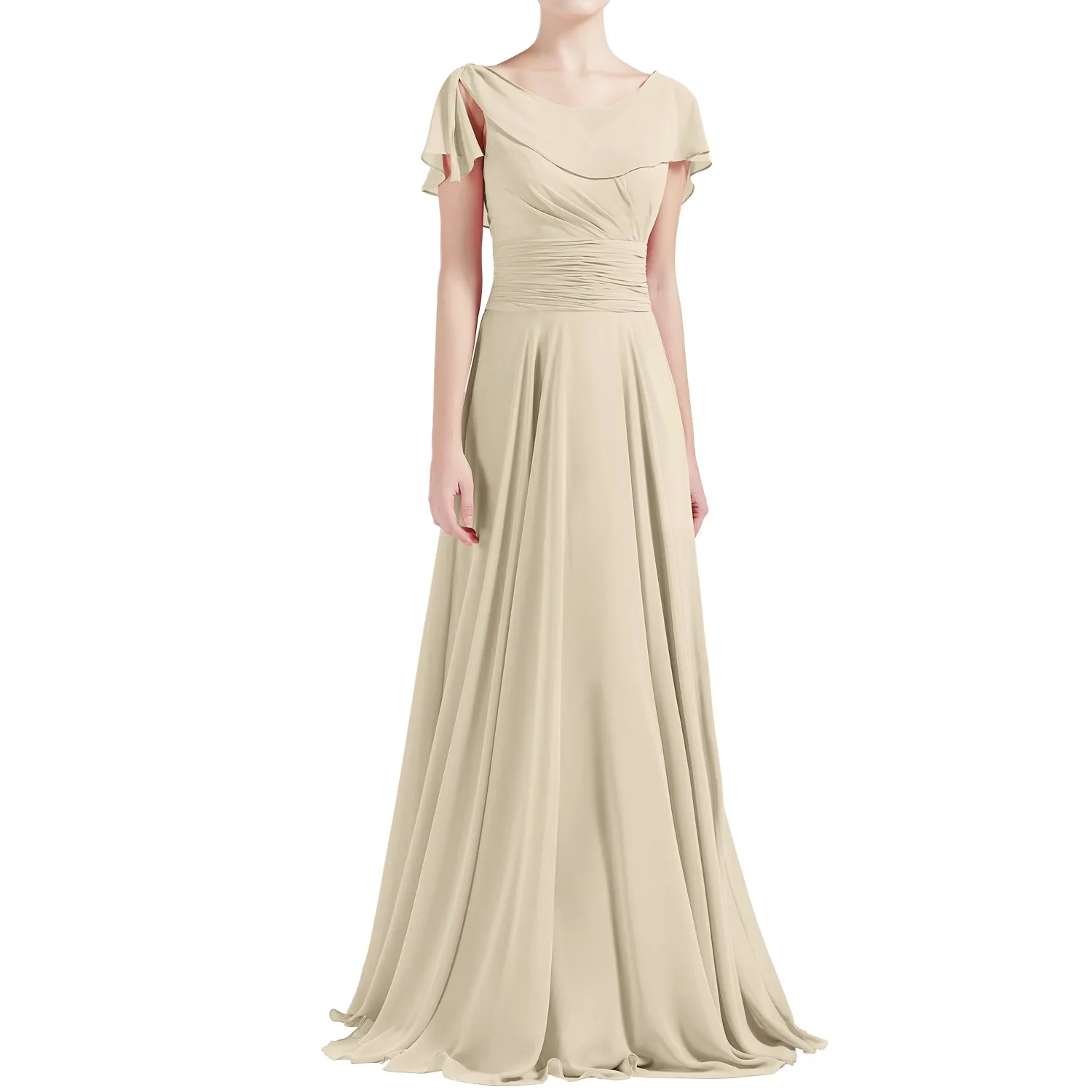 MACloth Women O Neck Ruffle Short Sleeves A Line Maxi Wedding Bridesmaid Dresses