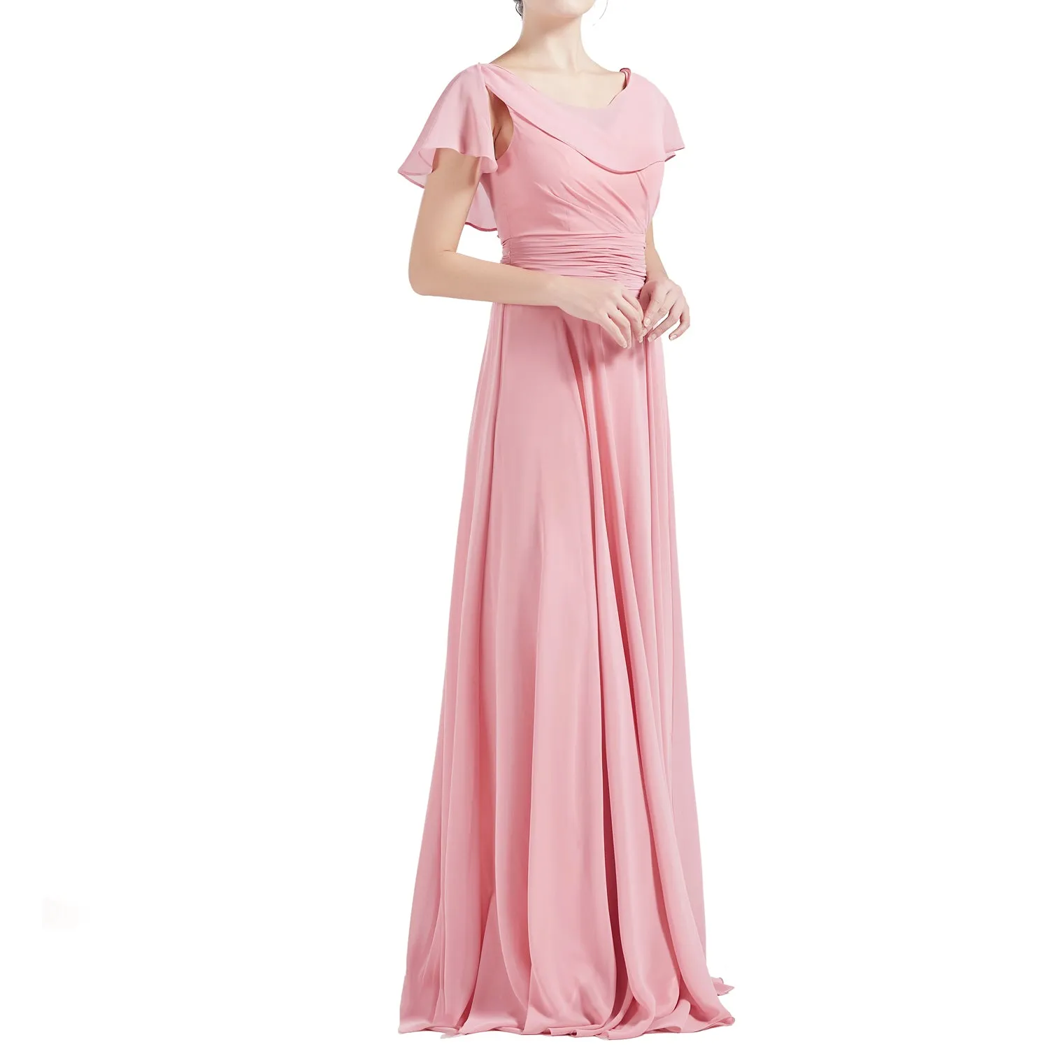 MACloth Women O Neck Ruffle Short Sleeves A Line Maxi Wedding Bridesmaid Dresses