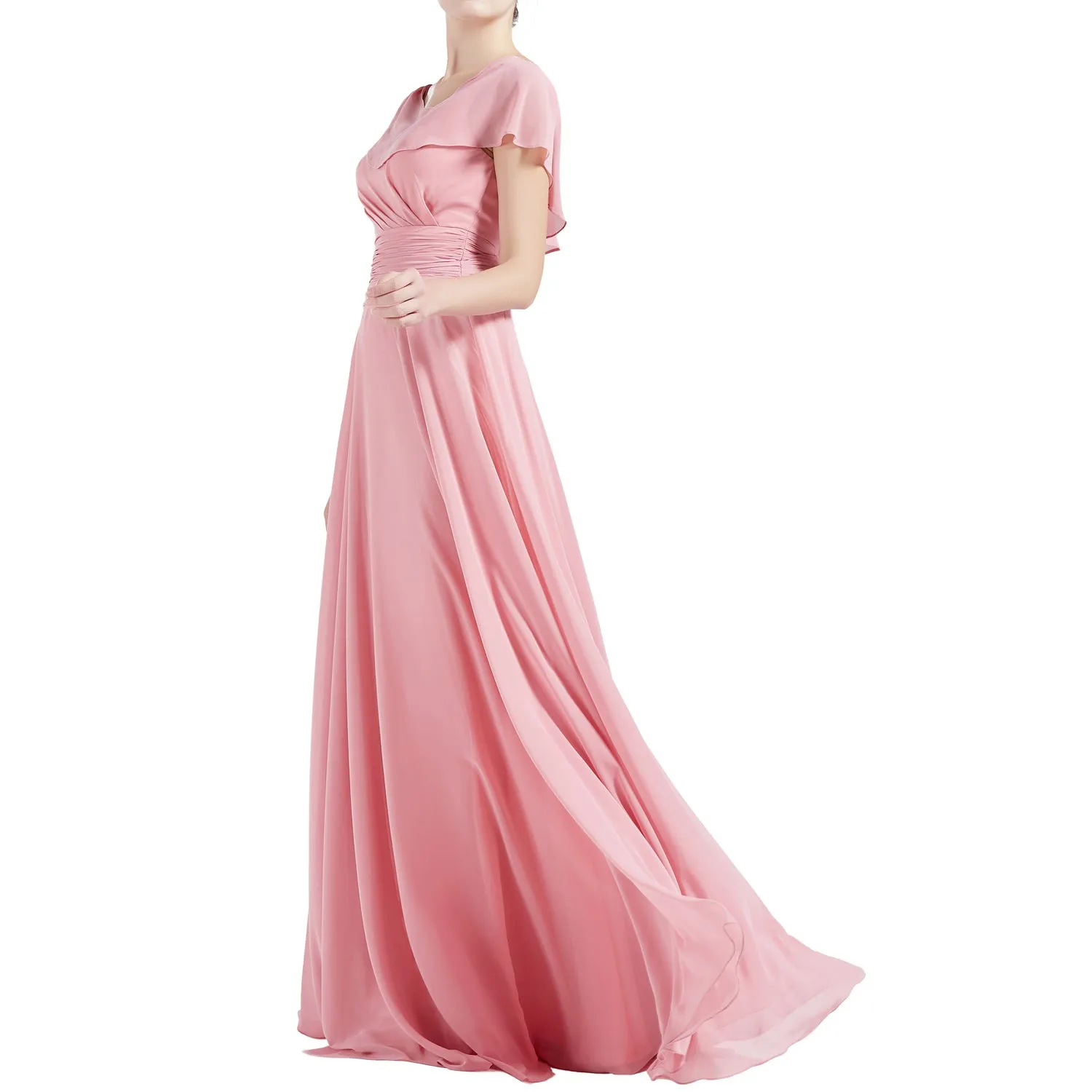 MACloth Women O Neck Ruffle Short Sleeves A Line Maxi Wedding Bridesmaid Dresses