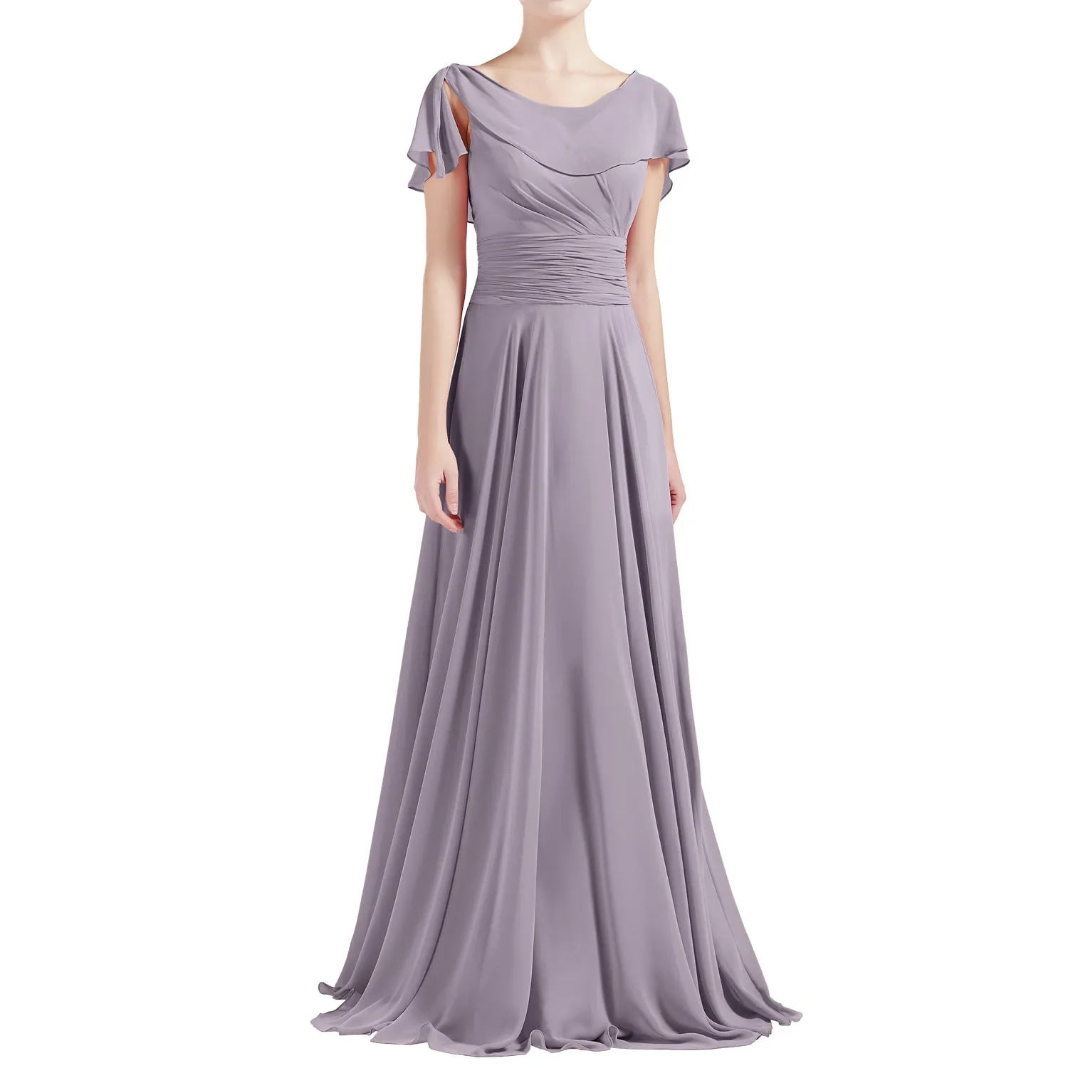 MACloth Women O Neck Ruffle Short Sleeves A Line Maxi Wedding Bridesmaid Dresses