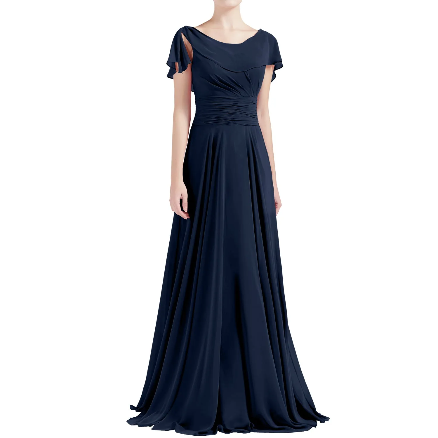 MACloth Women O Neck Ruffle Short Sleeves A Line Maxi Wedding Bridesmaid Dresses