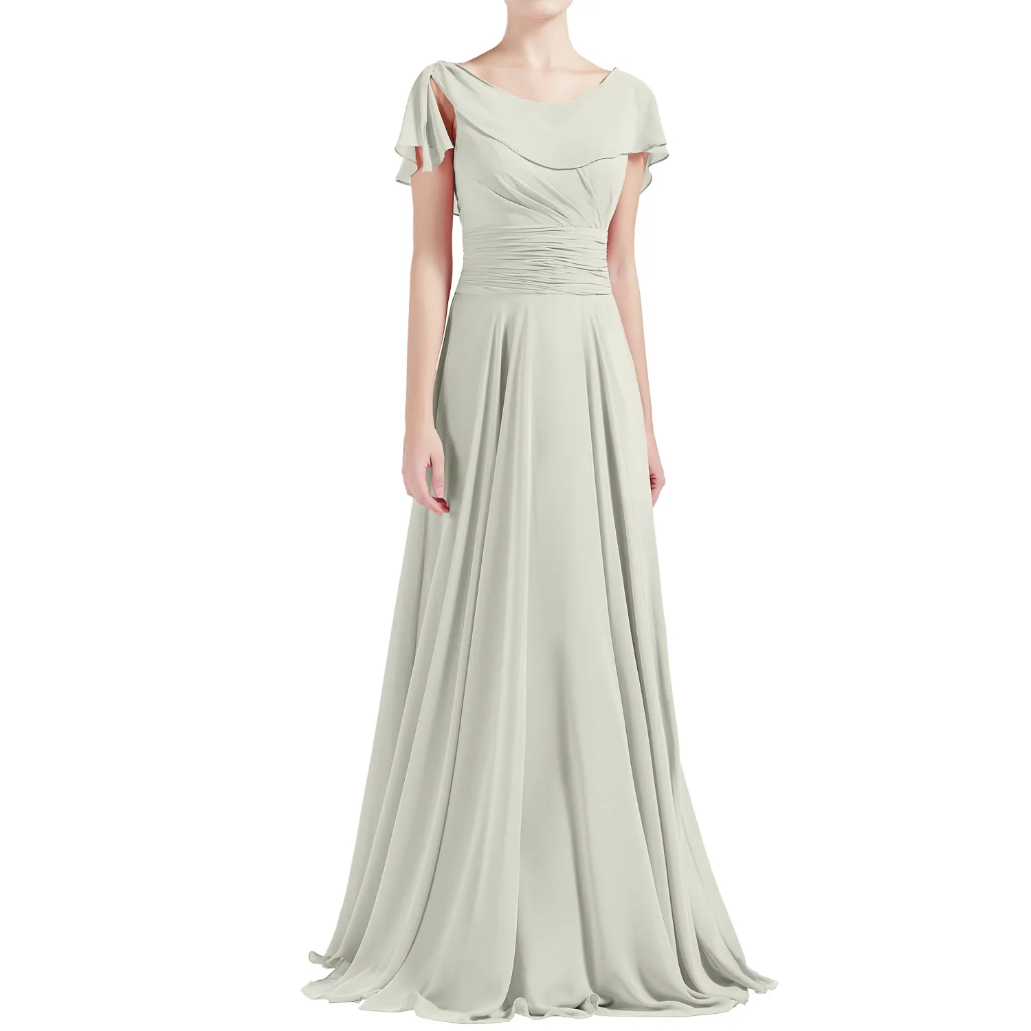 MACloth Women O Neck Ruffle Short Sleeves A Line Maxi Wedding Bridesmaid Dresses