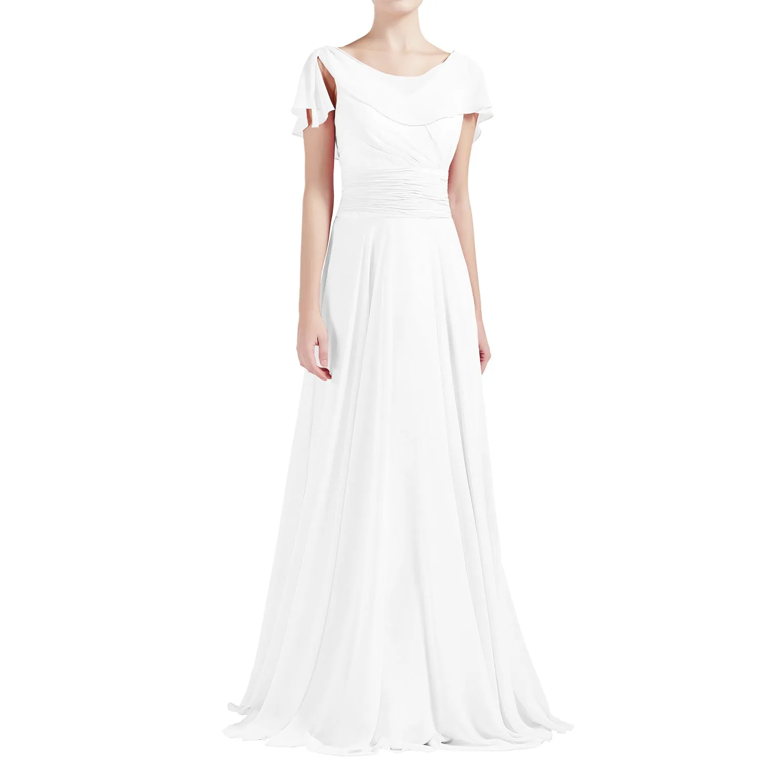MACloth Women O Neck Ruffle Short Sleeves A Line Maxi Wedding Bridesmaid Dresses