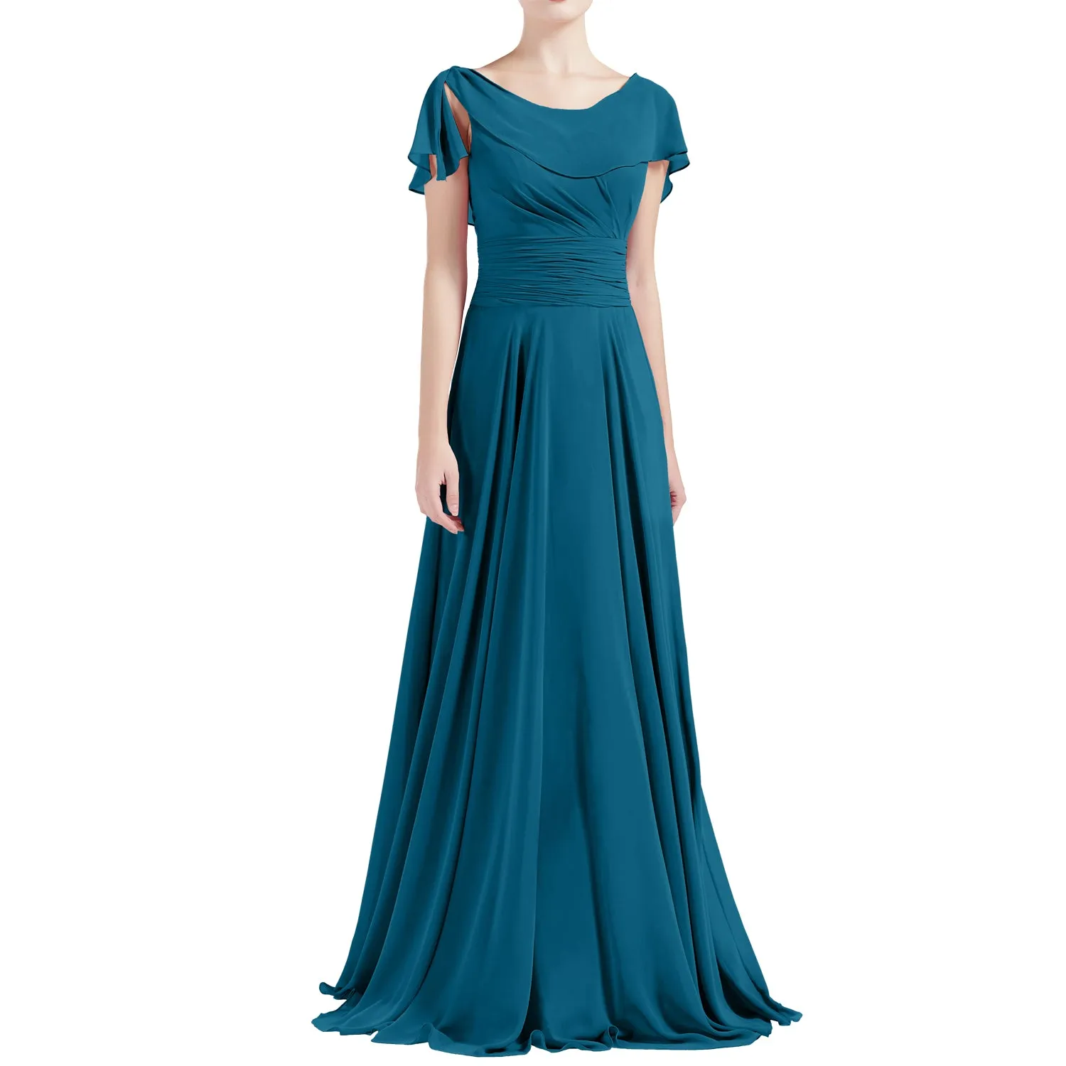 MACloth Women O Neck Ruffle Short Sleeves A Line Maxi Wedding Bridesmaid Dresses