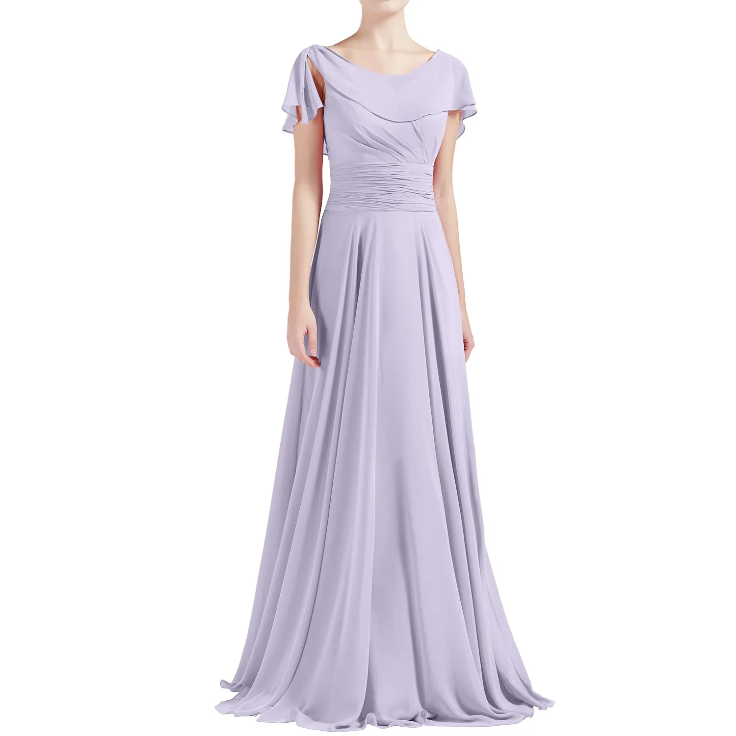MACloth Women O Neck Ruffle Short Sleeves A Line Maxi Wedding Bridesmaid Dresses