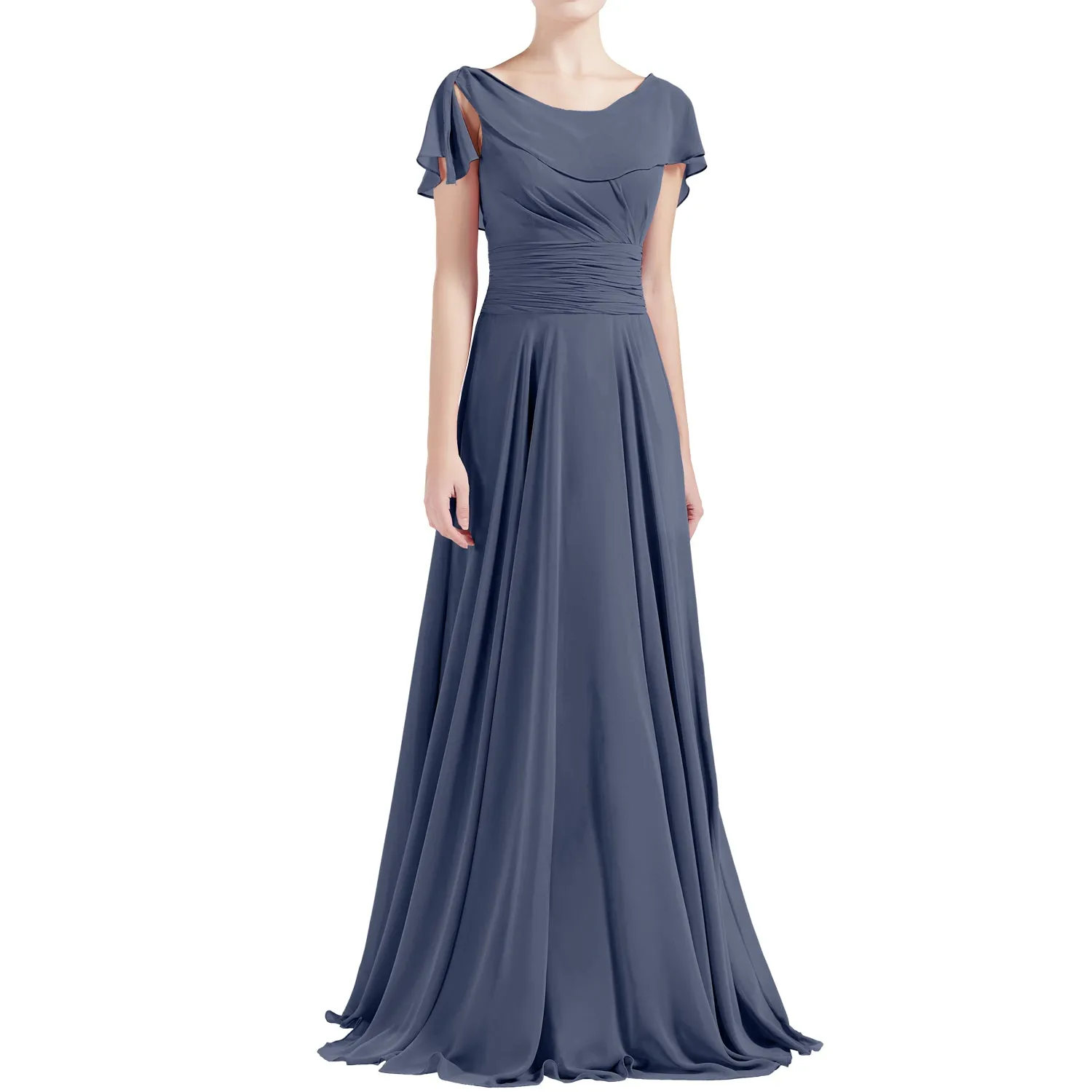 MACloth Women O Neck Ruffle Short Sleeves A Line Maxi Wedding Bridesmaid Dresses