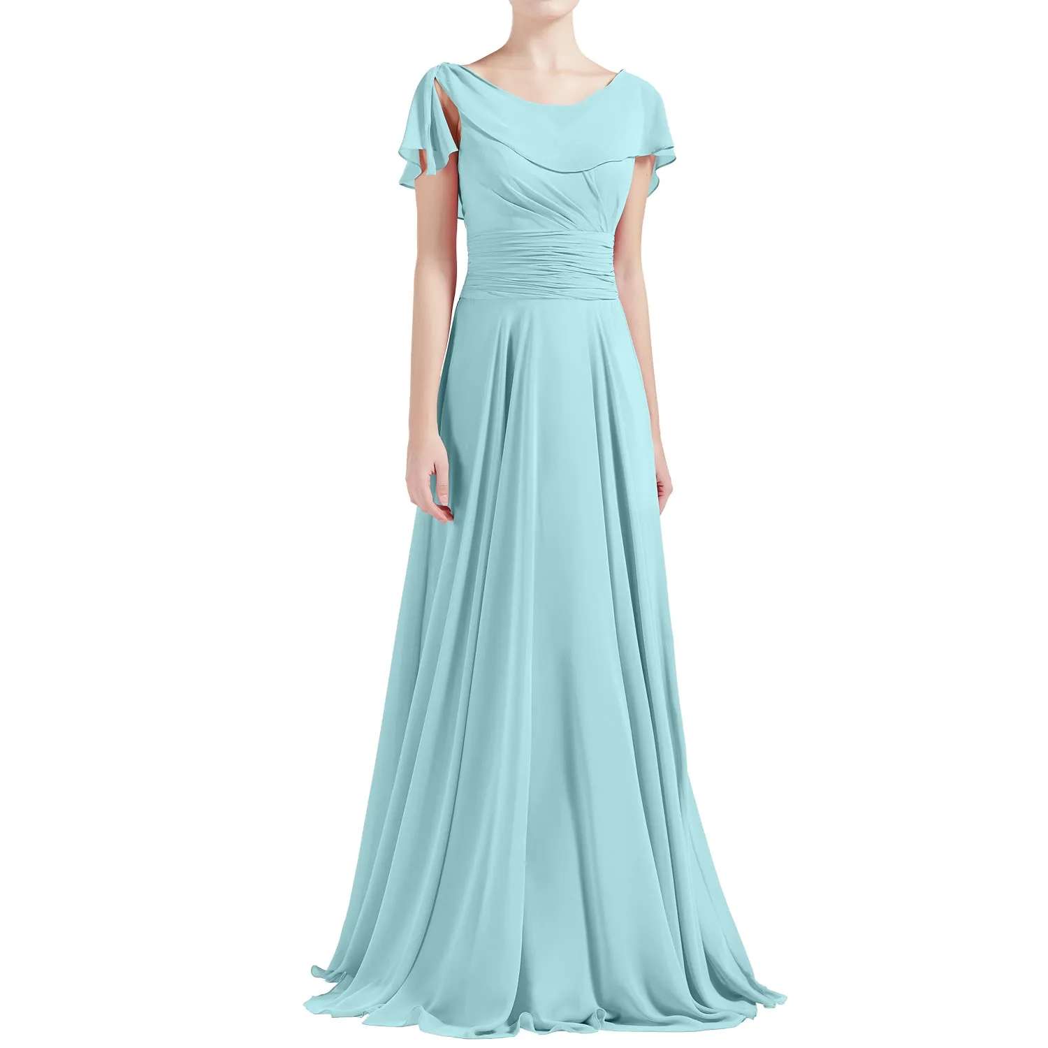 MACloth Women O Neck Ruffle Short Sleeves A Line Maxi Wedding Bridesmaid Dresses