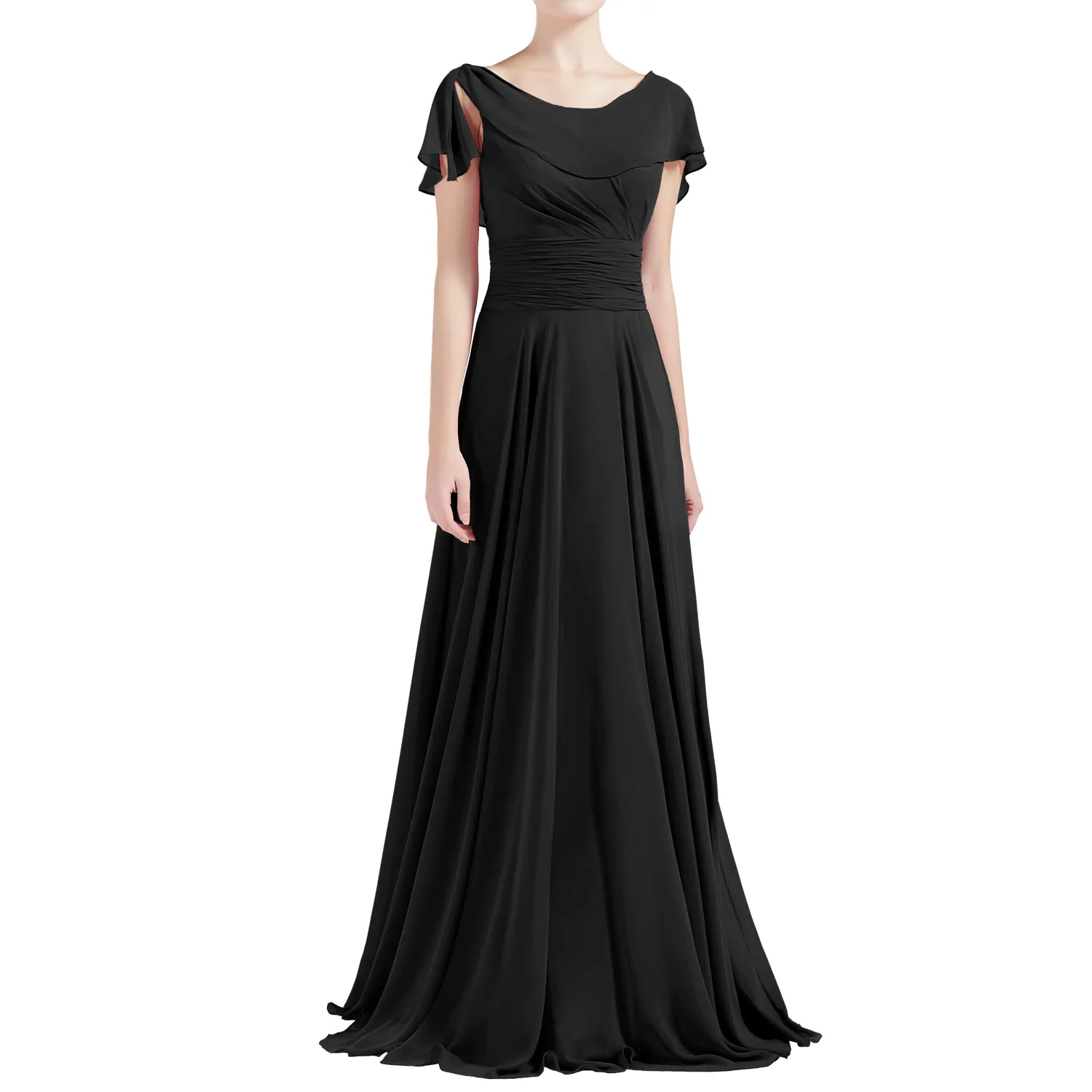 MACloth Women O Neck Ruffle Short Sleeves A Line Maxi Wedding Bridesmaid Dresses