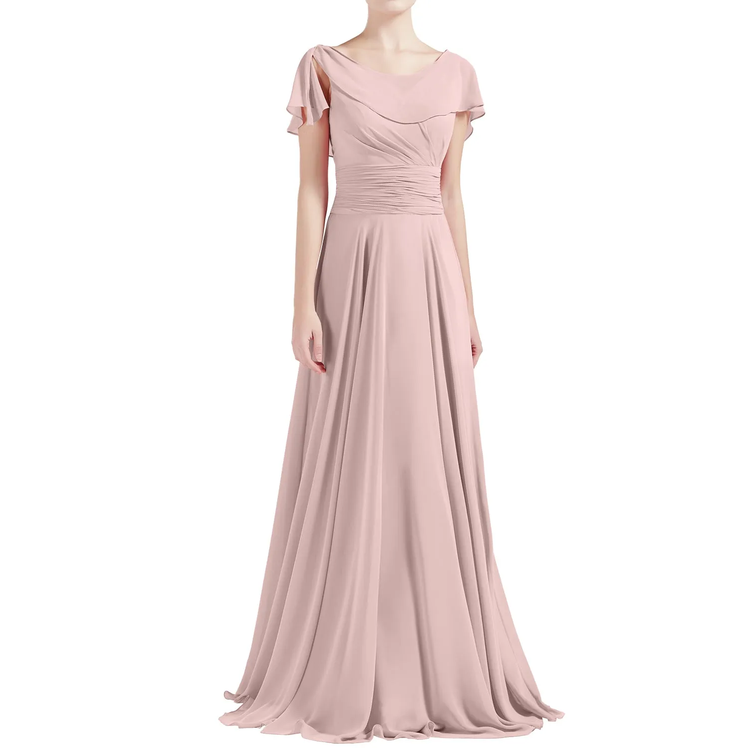 MACloth Women O Neck Ruffle Short Sleeves A Line Maxi Wedding Bridesmaid Dresses