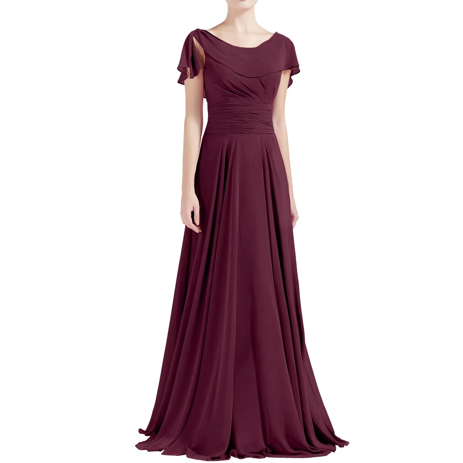 MACloth Women O Neck Ruffle Short Sleeves A Line Maxi Wedding Bridesmaid Dresses