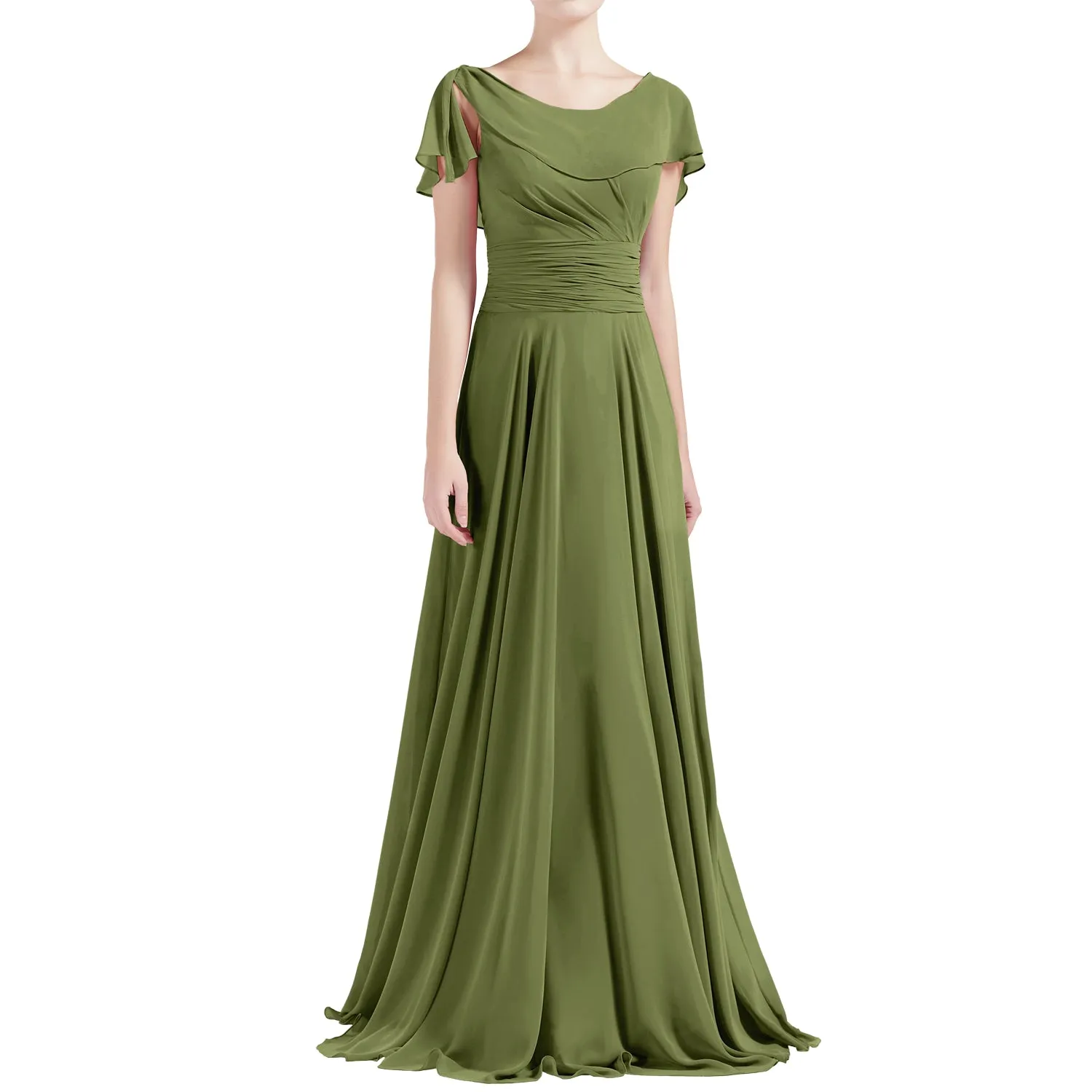 MACloth Women O Neck Ruffle Short Sleeves A Line Maxi Wedding Bridesmaid Dresses