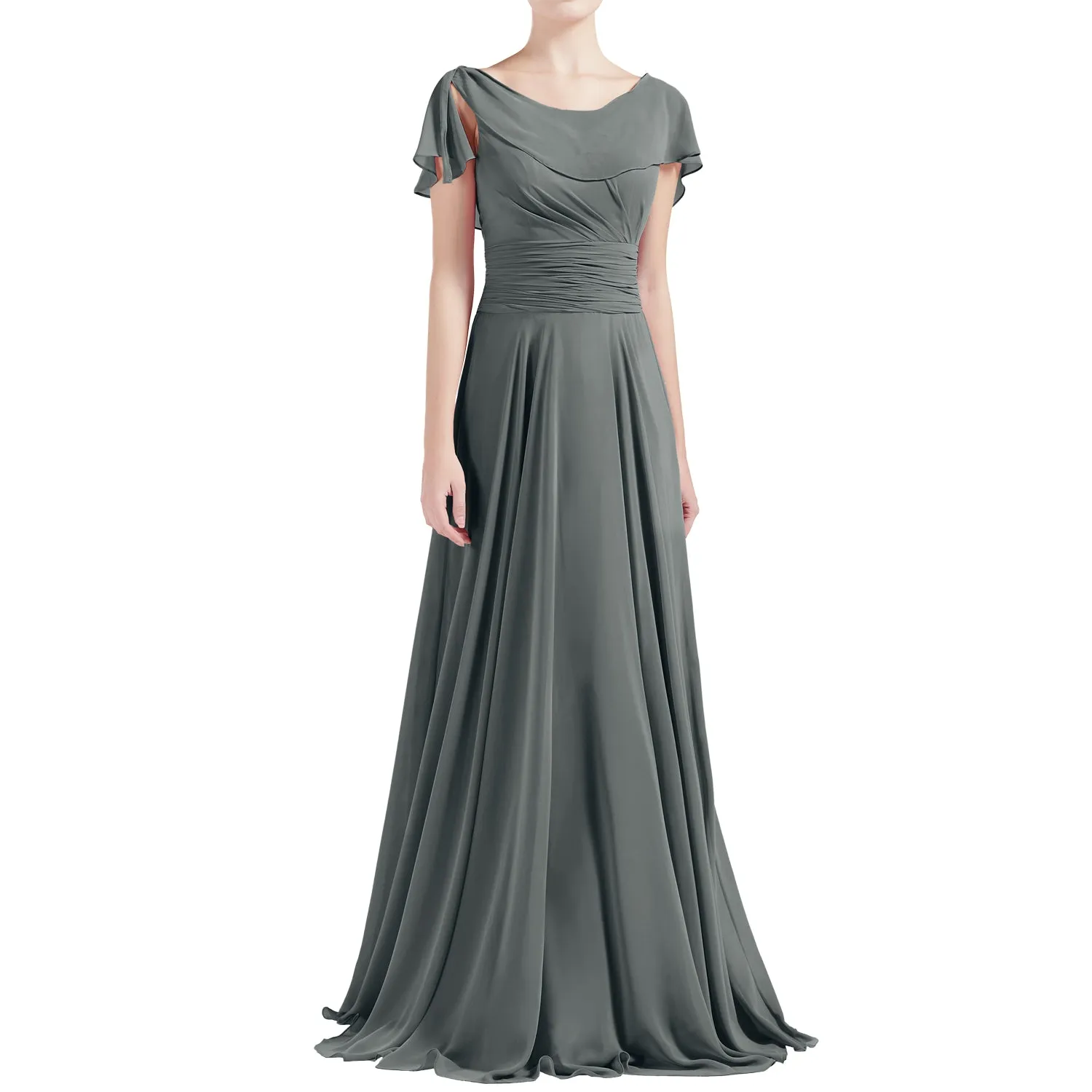 MACloth Women O Neck Ruffle Short Sleeves A Line Maxi Wedding Bridesmaid Dresses