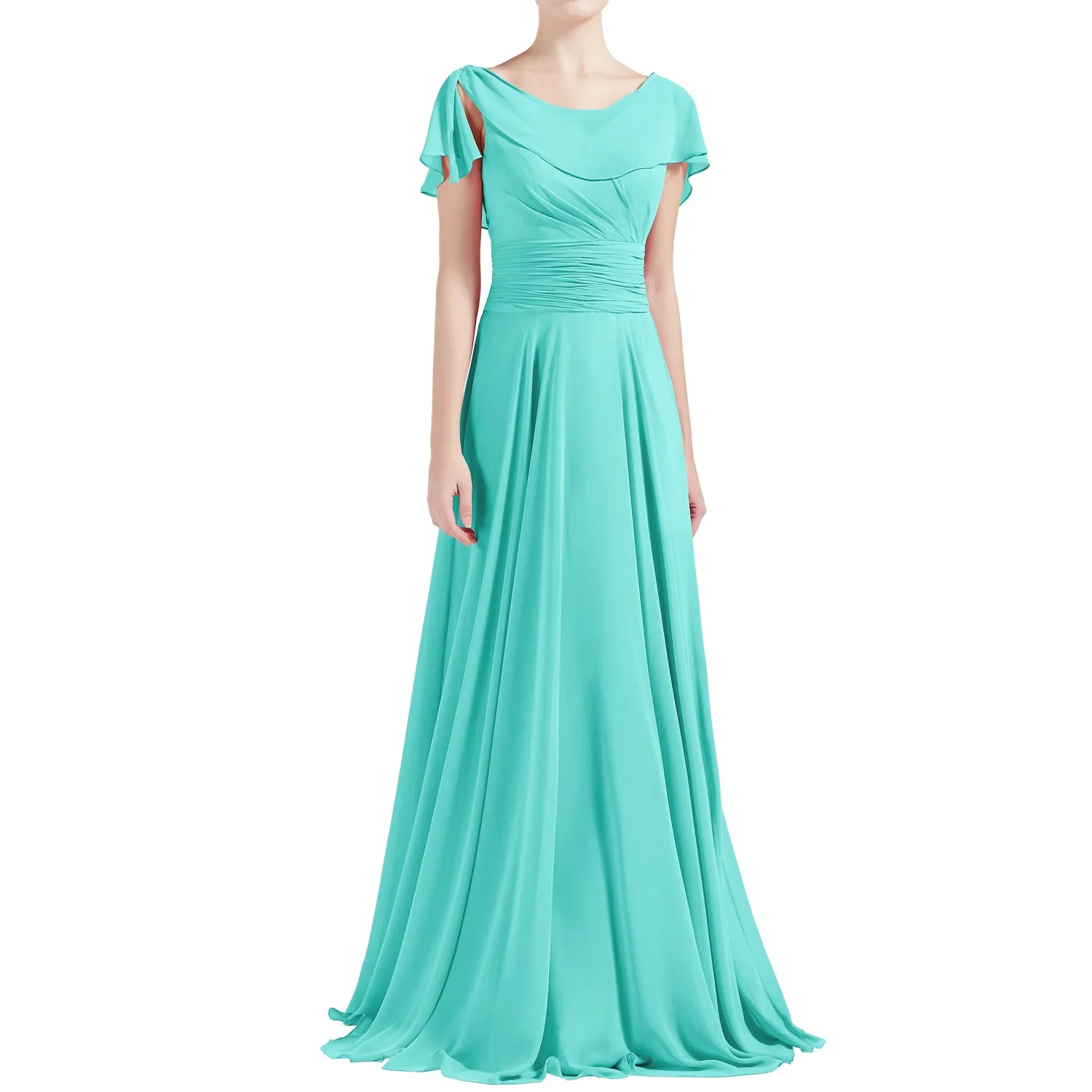 MACloth Women O Neck Ruffle Short Sleeves A Line Maxi Wedding Bridesmaid Dresses