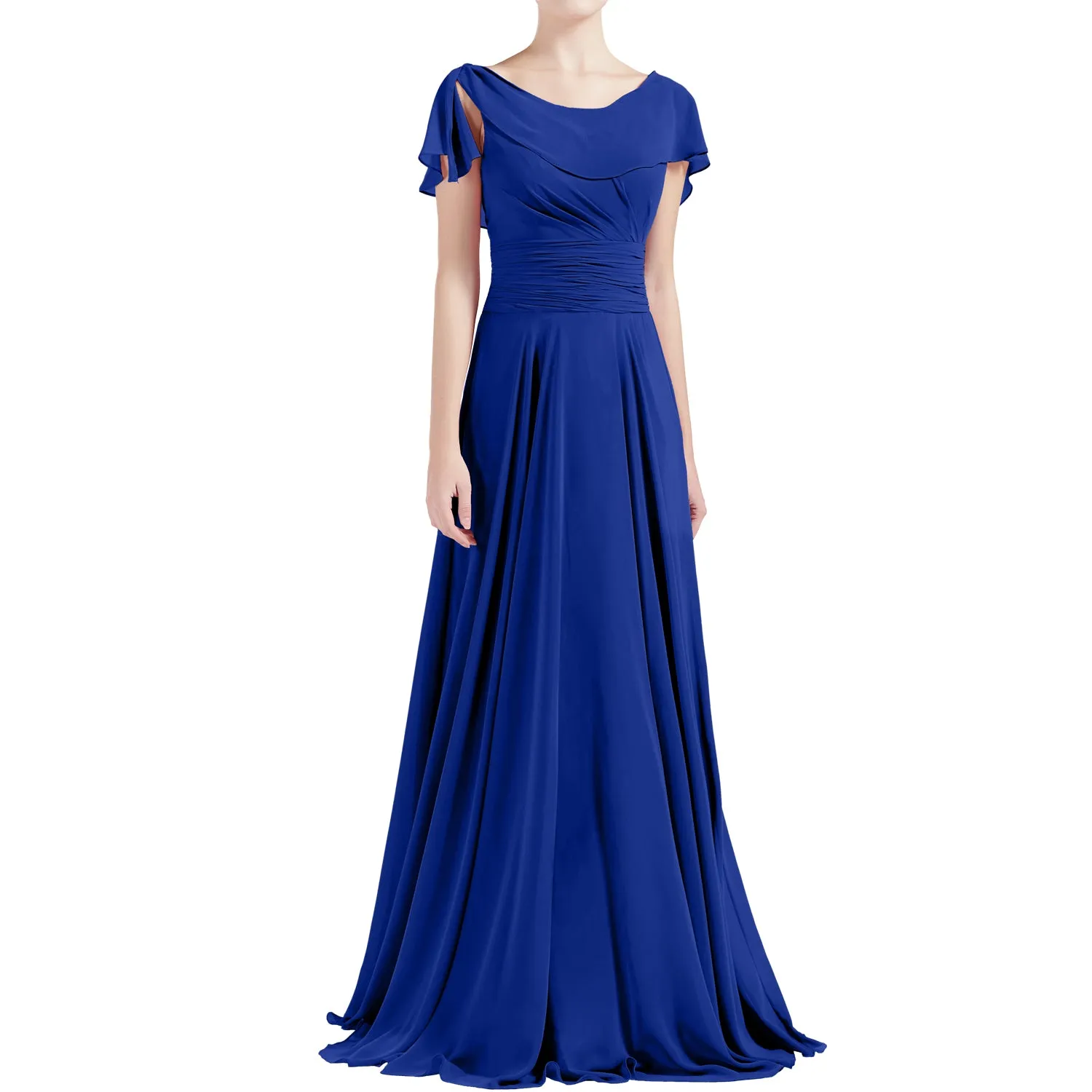 MACloth Women O Neck Ruffle Short Sleeves A Line Maxi Wedding Bridesmaid Dresses