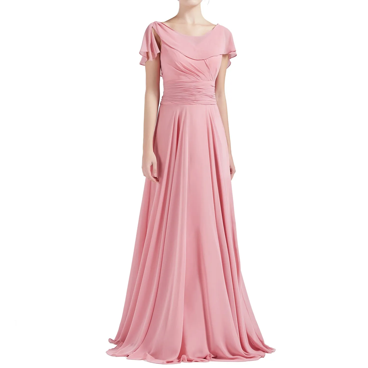 MACloth Women O Neck Ruffle Short Sleeves A Line Maxi Wedding Bridesmaid Dresses