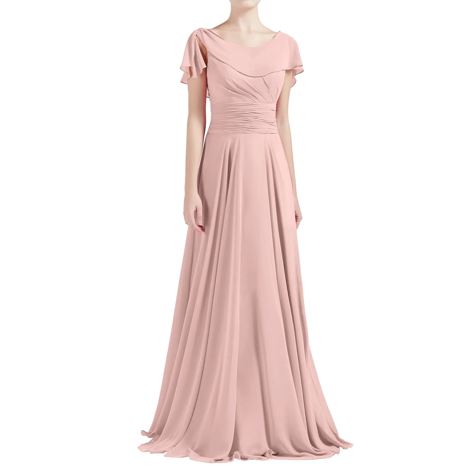MACloth Women O Neck Ruffle Short Sleeves A Line Maxi Wedding Bridesmaid Dresses