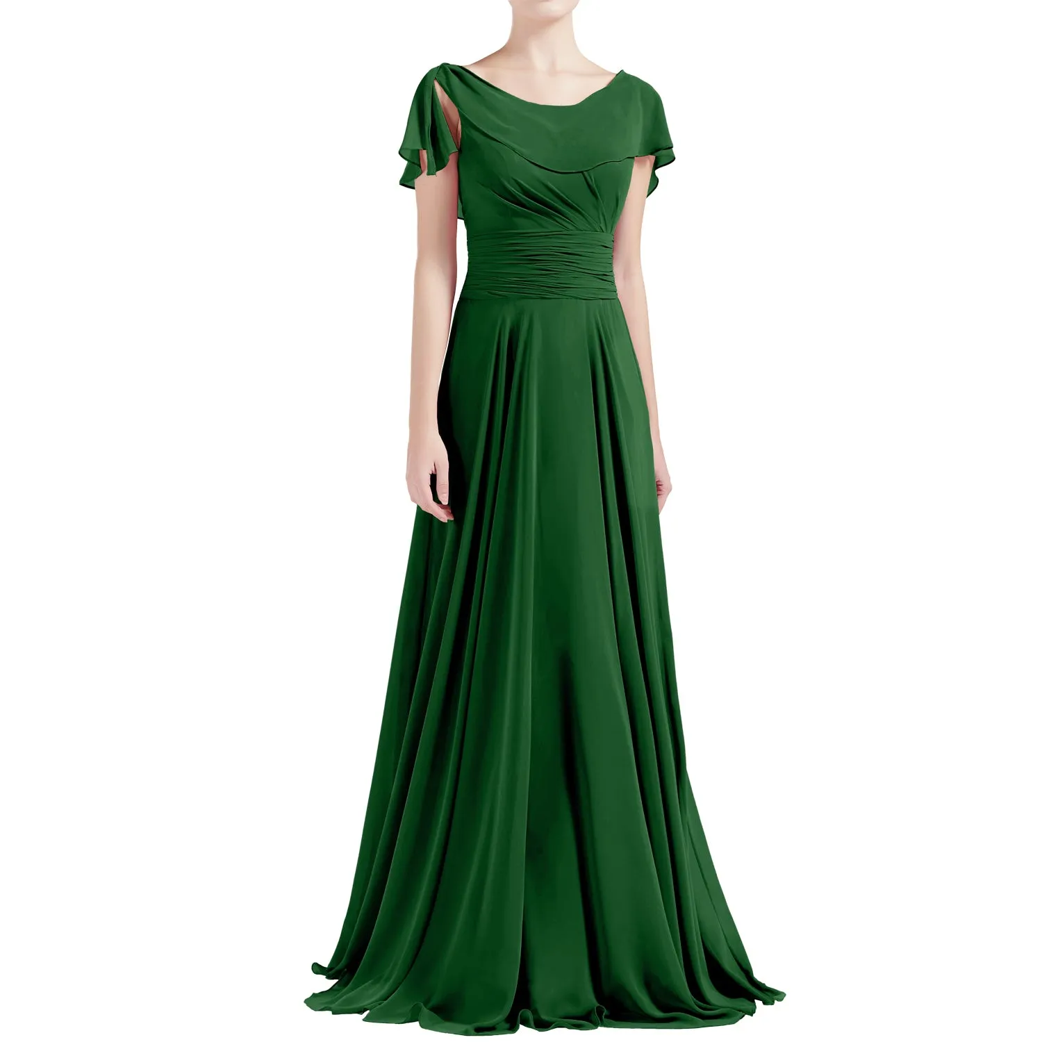 MACloth Women O Neck Ruffle Short Sleeves A Line Maxi Wedding Bridesmaid Dresses