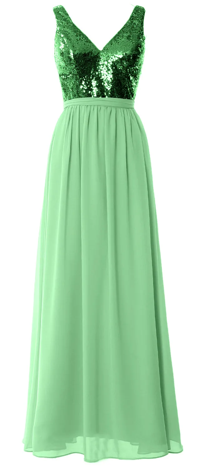 MACloth Women Straps V Neck Sequin Maxi Bridesmaid Dress 2017 Simple Prom Gown
