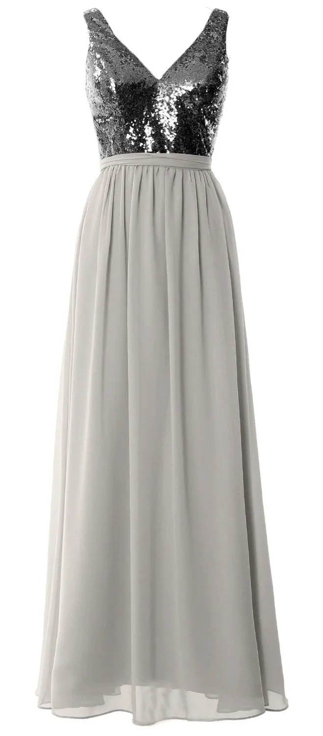 MACloth Women Straps V Neck Sequin Maxi Bridesmaid Dress 2017 Simple Prom Gown