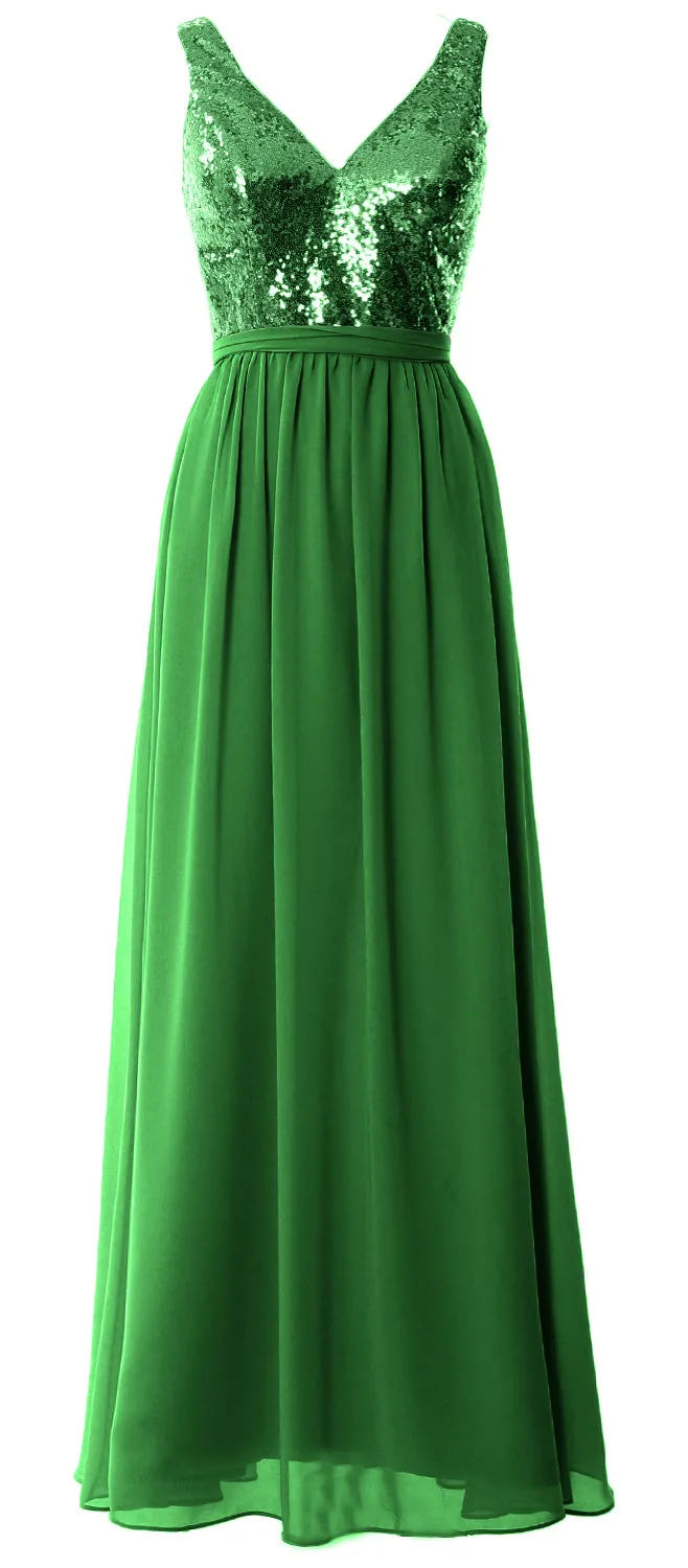 MACloth Women Straps V Neck Sequin Maxi Bridesmaid Dress 2017 Simple Prom Gown