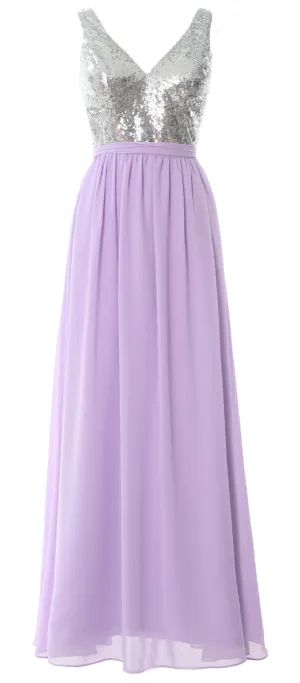 MACloth Women Straps V Neck Sequin Maxi Bridesmaid Dress 2017 Simple Prom Gown