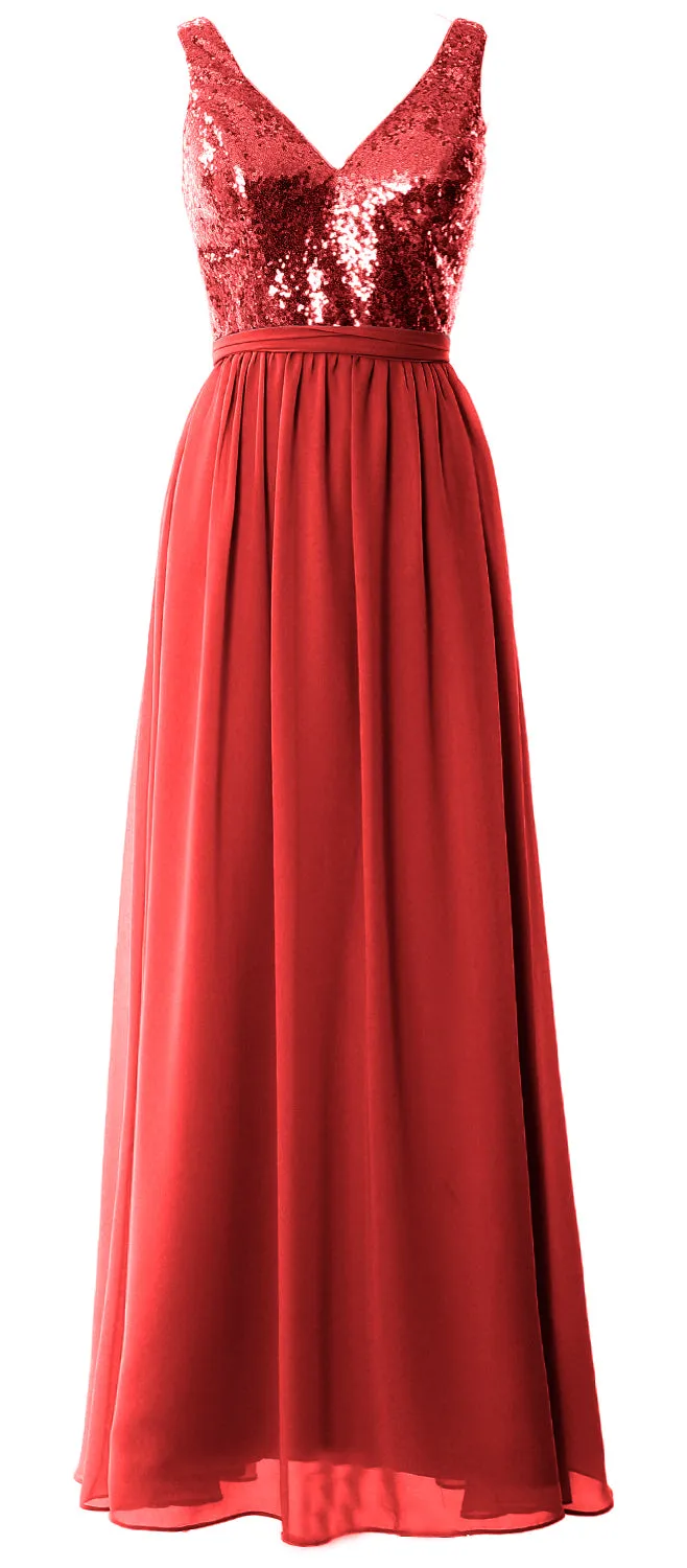 MACloth Women Straps V Neck Sequin Maxi Bridesmaid Dress 2017 Simple Prom Gown