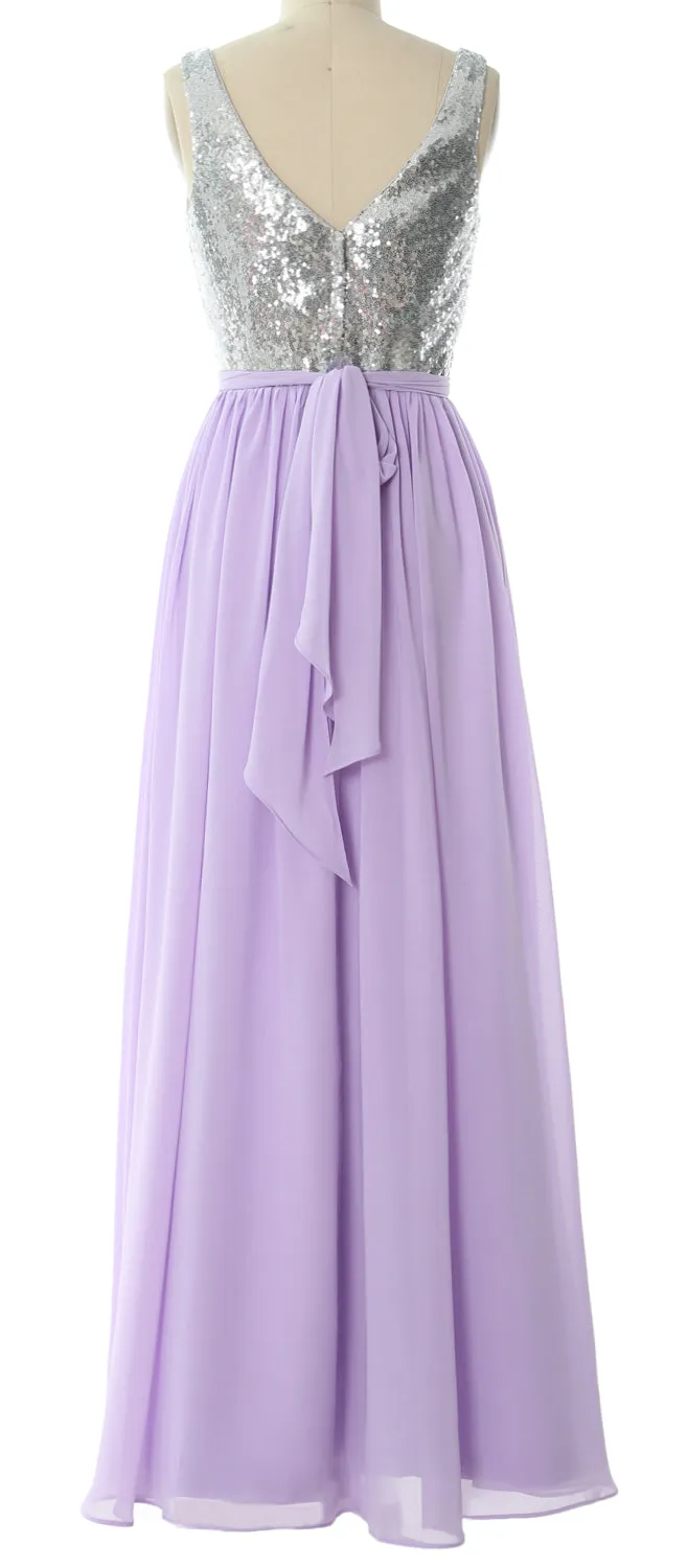 MACloth Women Straps V Neck Sequin Maxi Bridesmaid Dress 2017 Simple Prom Gown