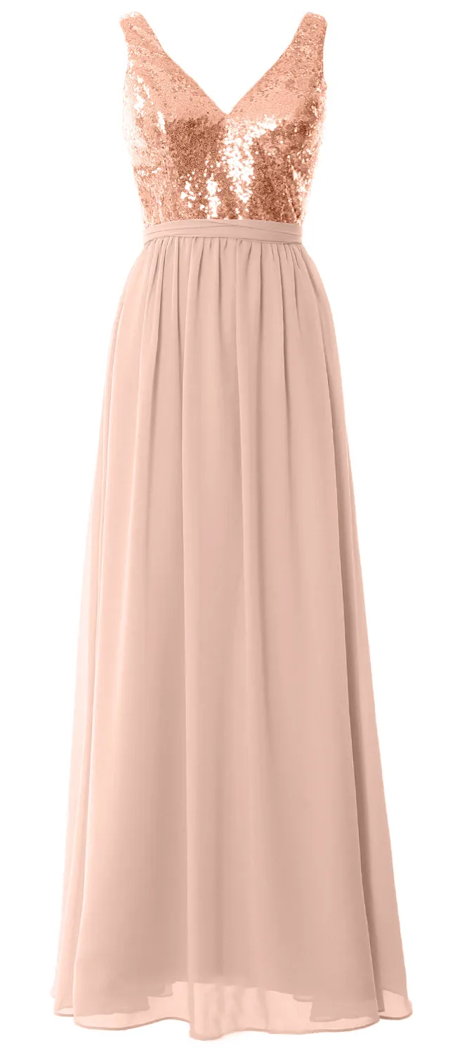 MACloth Women Straps V Neck Sequin Maxi Bridesmaid Dress 2017 Simple Prom Gown